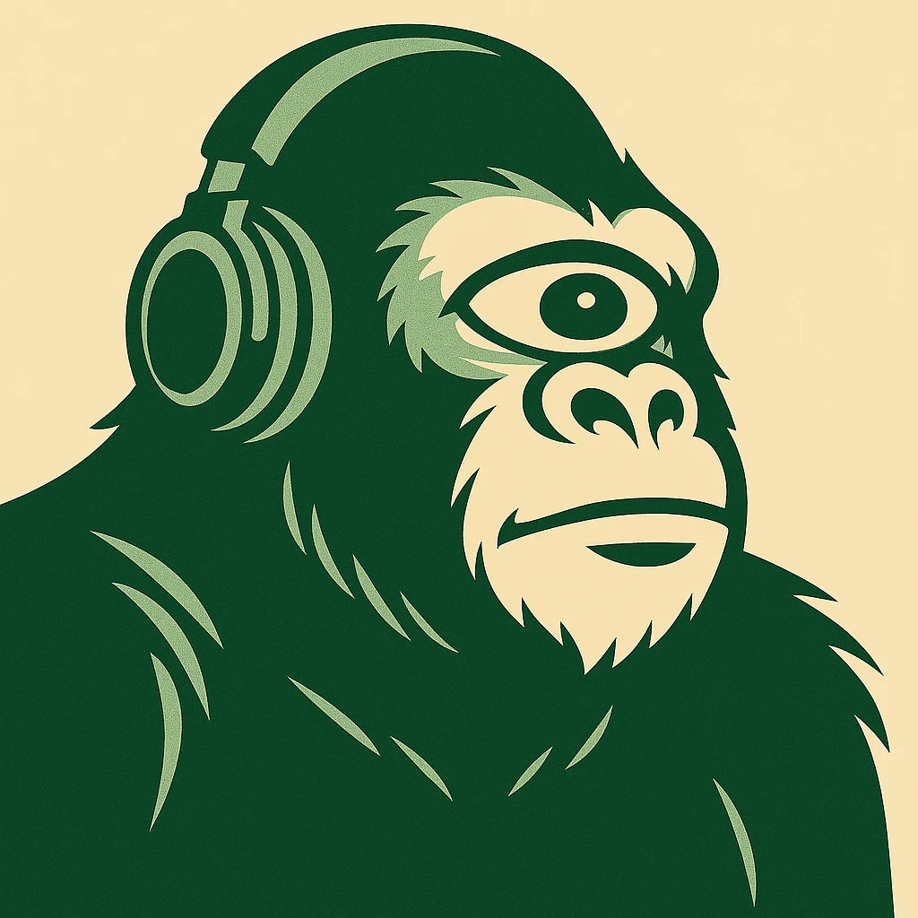 COMIGO the eye is the one collection image featuring a green ape character wearing headphones on a cream background