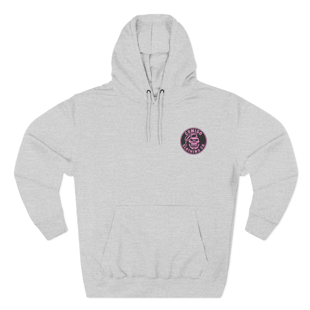 Front view of the COMIGO CLOTHING CO. Lime Lite Rendezvous Hoodie in Heather Grey.