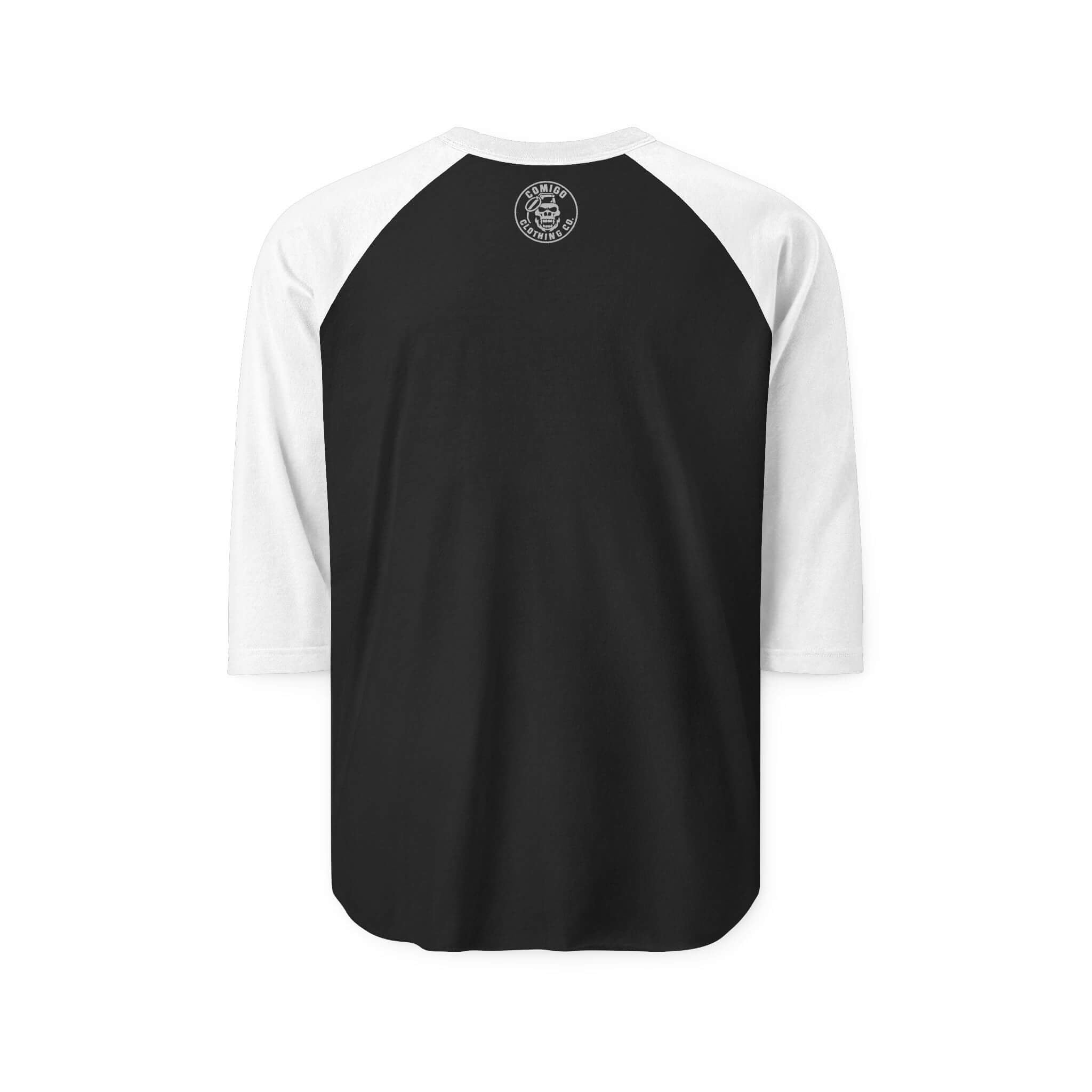 Black and White COMIGO CLOTHING CO. Comigo 3q raglan with the small original Comigo Clothing Co. logo on the back.