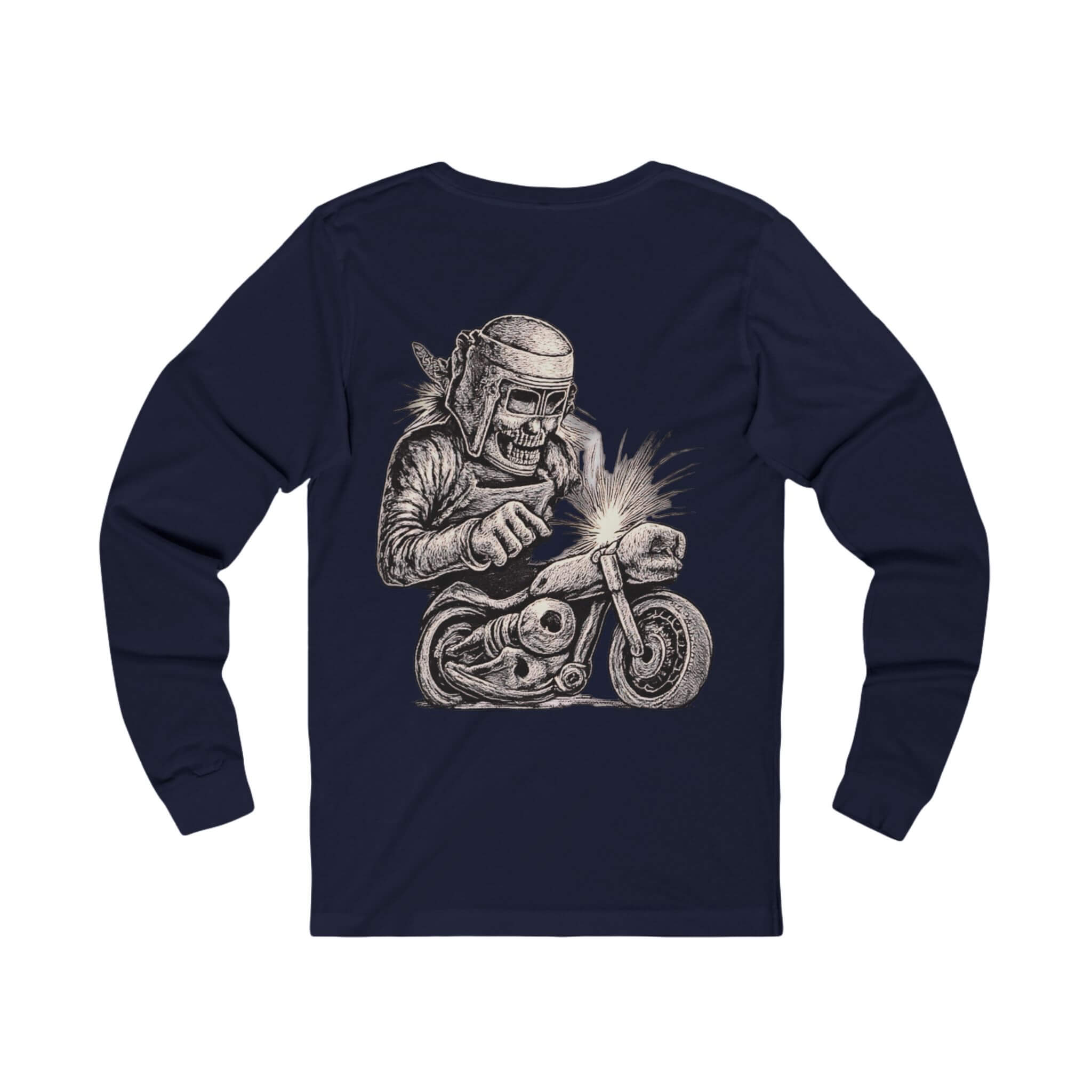 Navy COMIGO CLOTHING CO. Bone Mechanic longsleeve with a bone mechanic skull graphic on the back.
