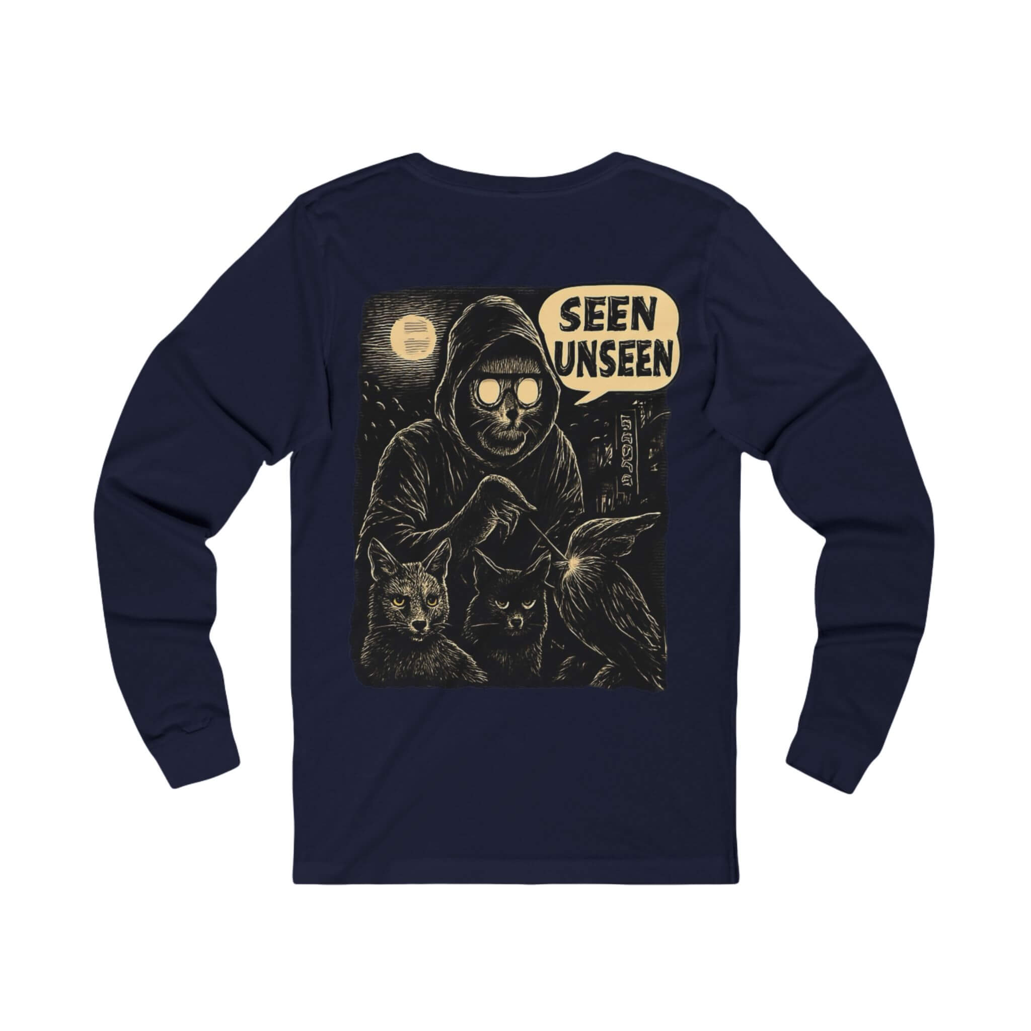 Navy COMIGO CLOTHING CO. Spirit Watcher longsleeve with a spirit watcher graphic on the back.