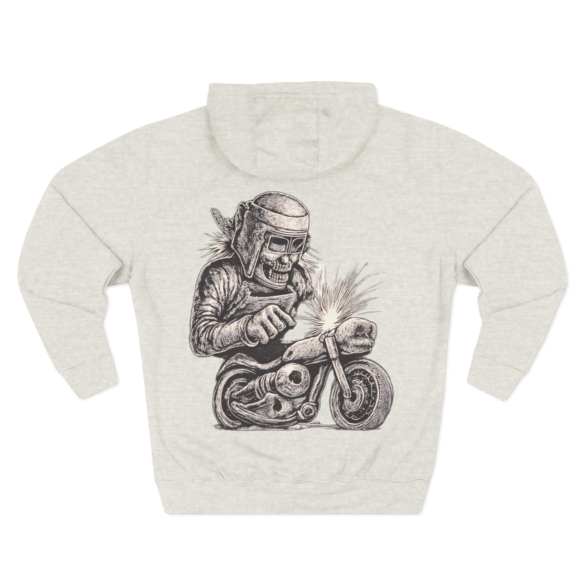 Oatmeal Heather COMIGO CLOTHING CO. Bone Mechanic hoodie with a bone mechanic skull graphic on the back.