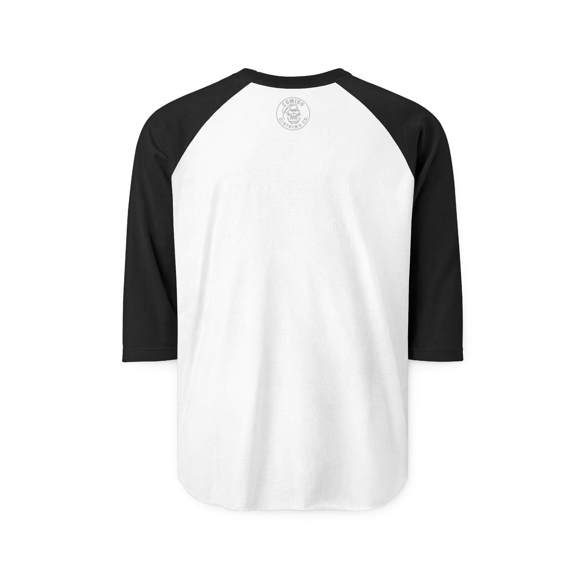 White and Black COMIGO CLOTHING CO. Comigo 3q raglan with the small original Comigo Clothing Co. logo on the back.