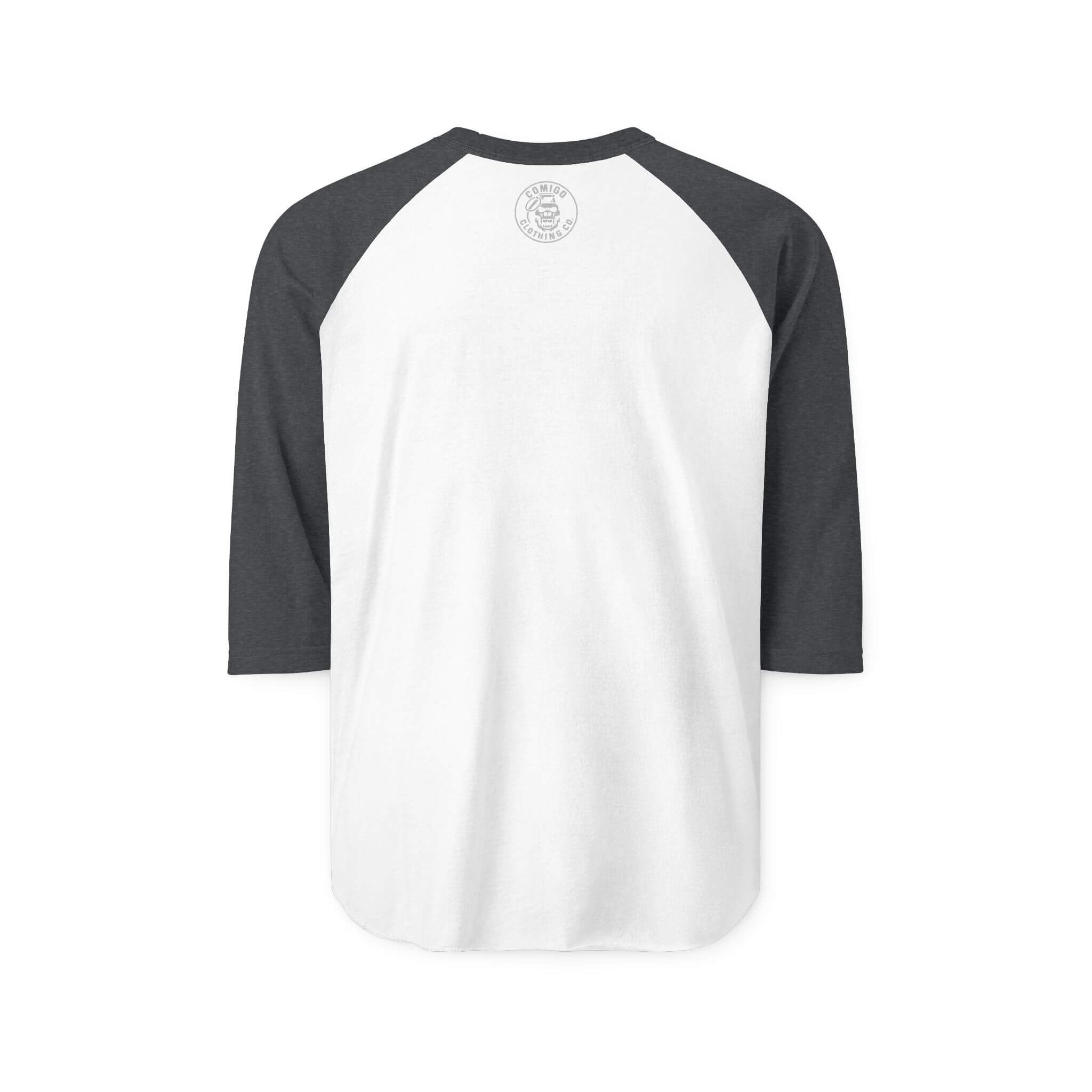 White and Heathr Charcoal COMIGO CLOTHING CO. Comigo 3q raglan with the small original Comigo Clothing Co. logo on the back.