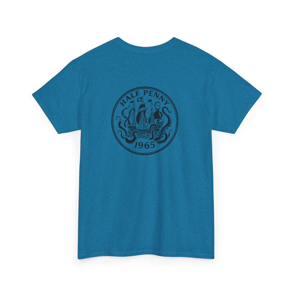 Antique Sapphire COMIGO CLOTHING CO. Krakens Ransom t-shirt with a ship and tentacles graphic on the back.
