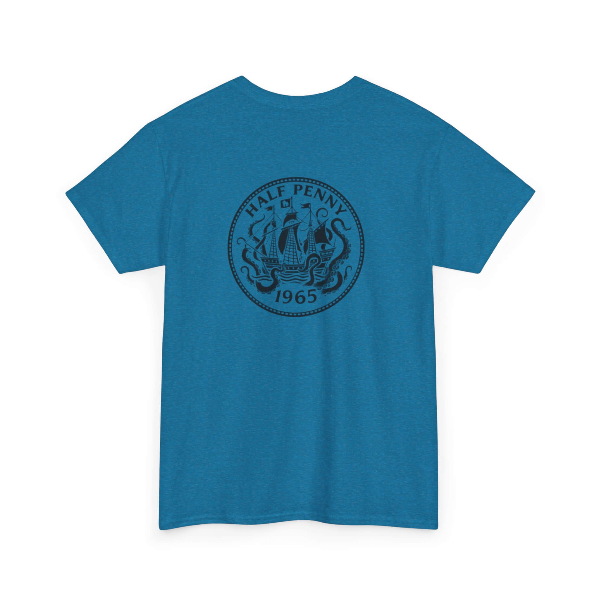 Antique Sapphire COMIGO CLOTHING CO. Krakens Ransom t-shirt with a ship and tentacles graphic on the back.
