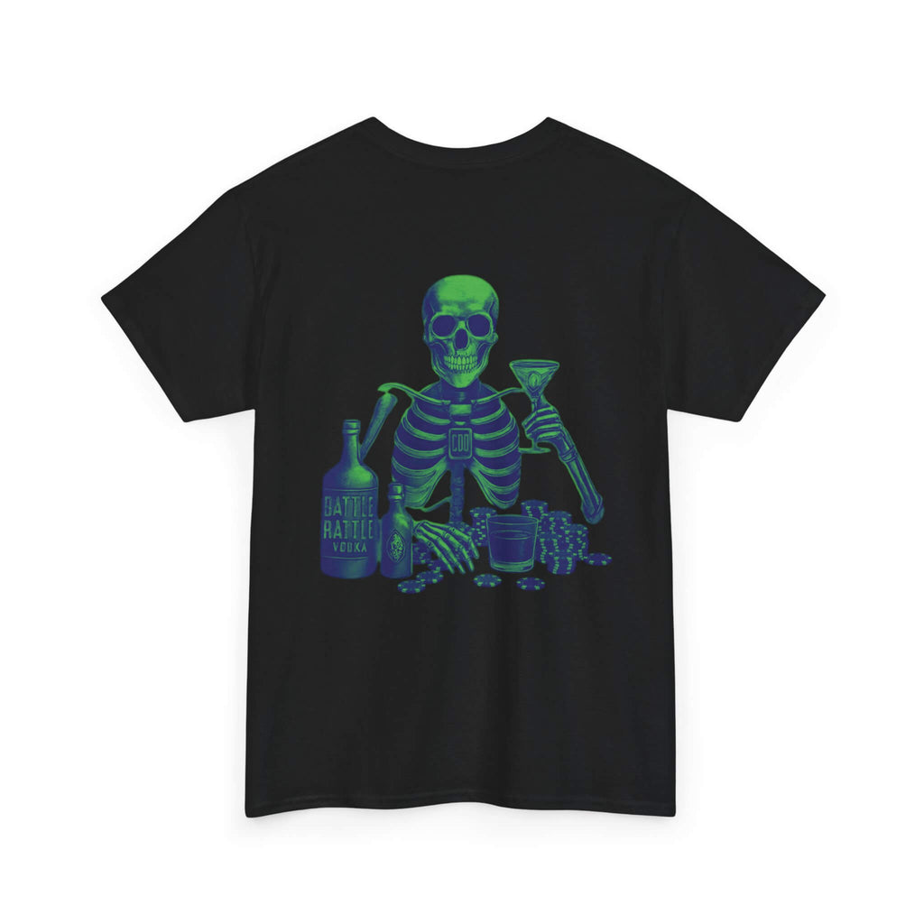Black COMIGO CLOTHING CO. Commando Battle Rattle t-shirt with a skull graphic on the back.