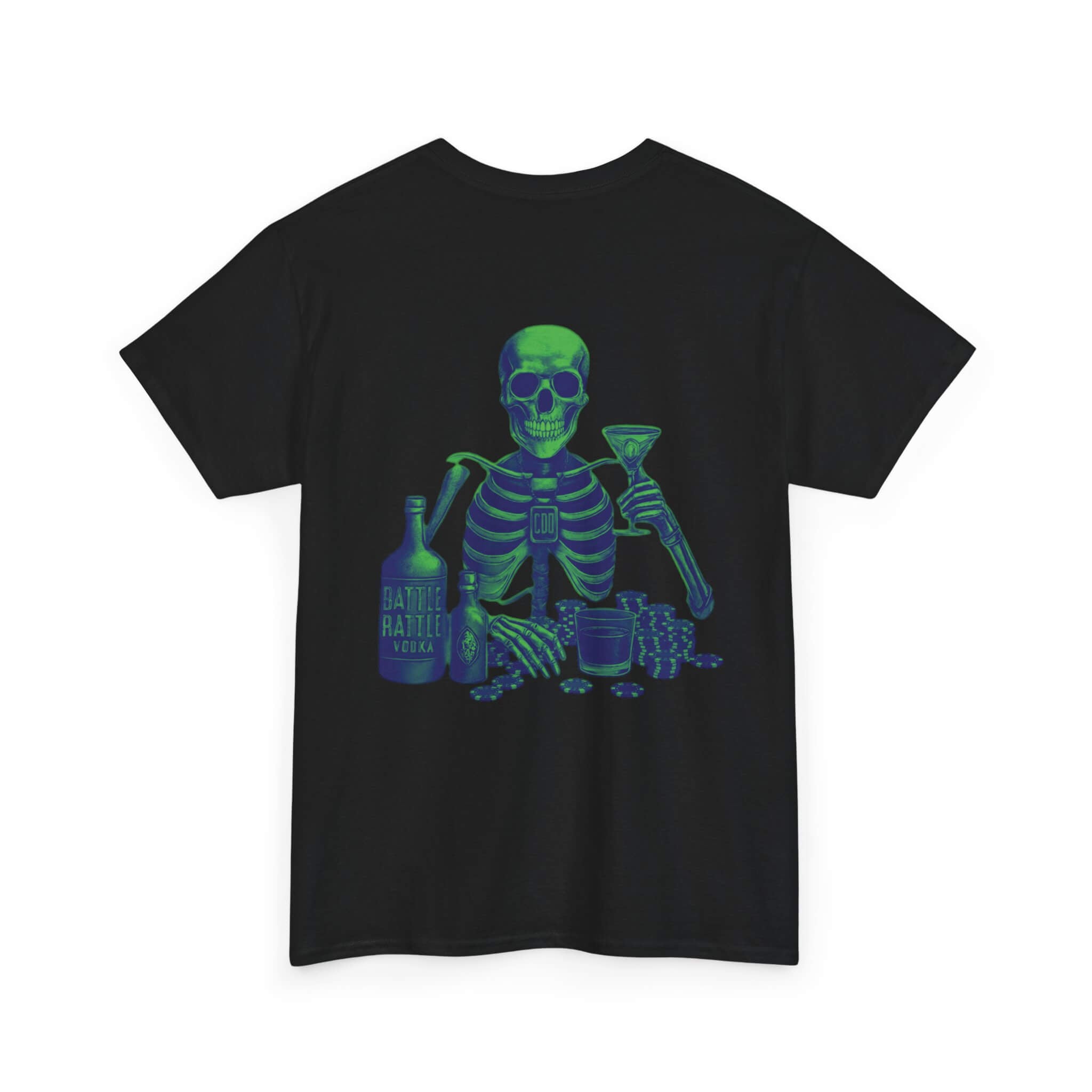 Black COMIGO CLOTHING CO. Commando Battle Rattle t-shirt with a skull graphic on the back.