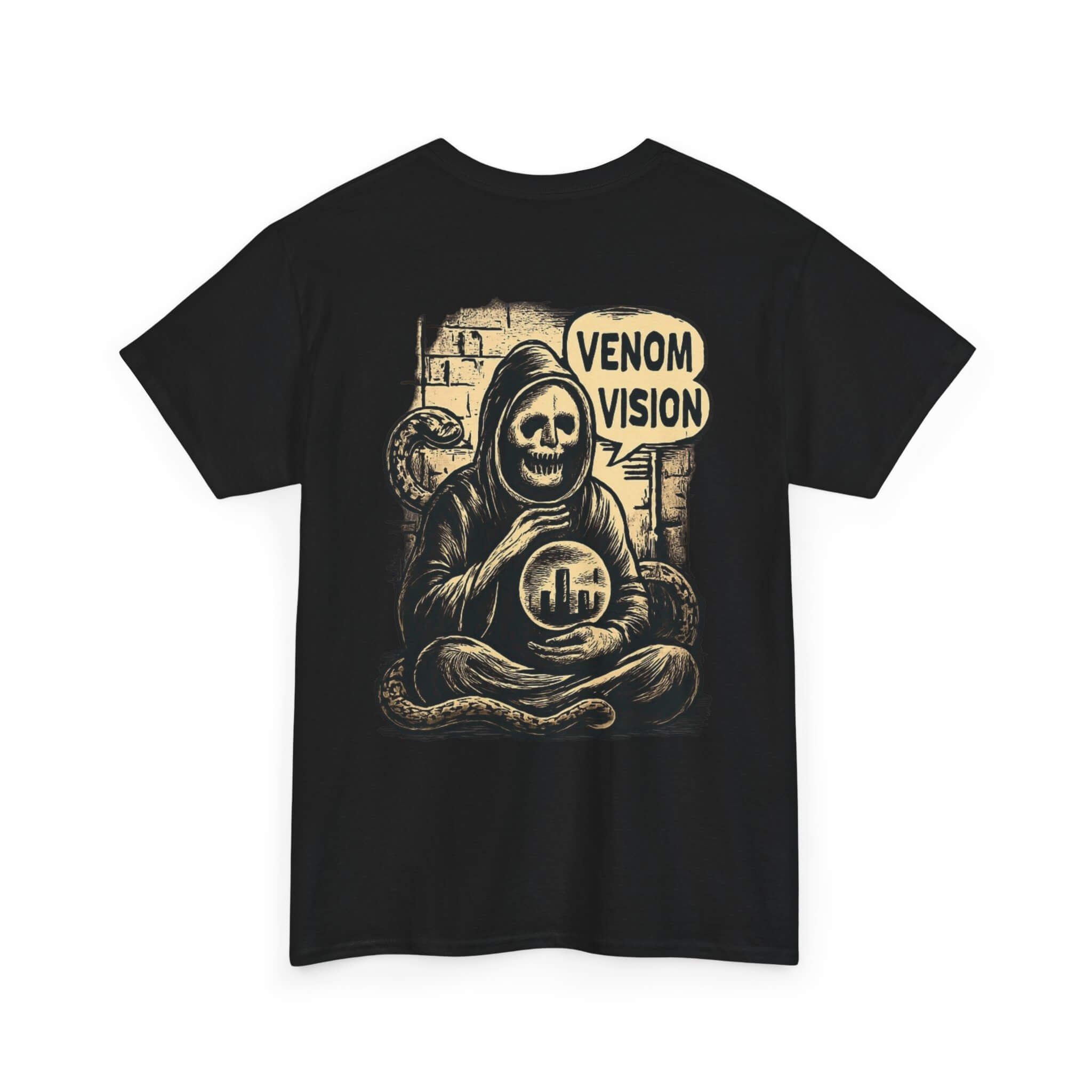 Black COMIGO CLOTHING CO. Serpent Oracle t-shirt with a mystical serpent graphic on the back.