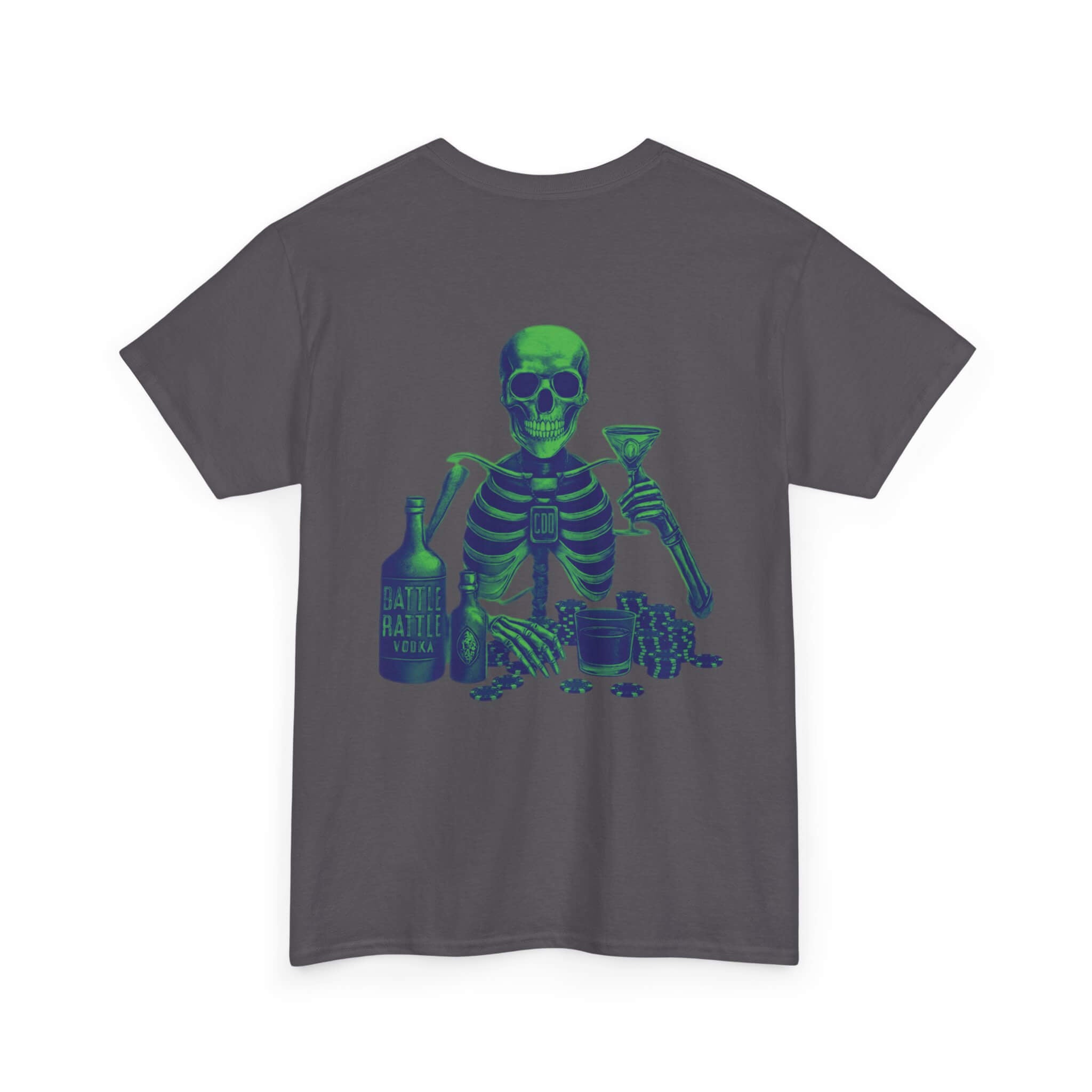 Charcoal COMIGO CLOTHING CO. Commando Battle Rattle t-shirt with a skull graphic on the back.
