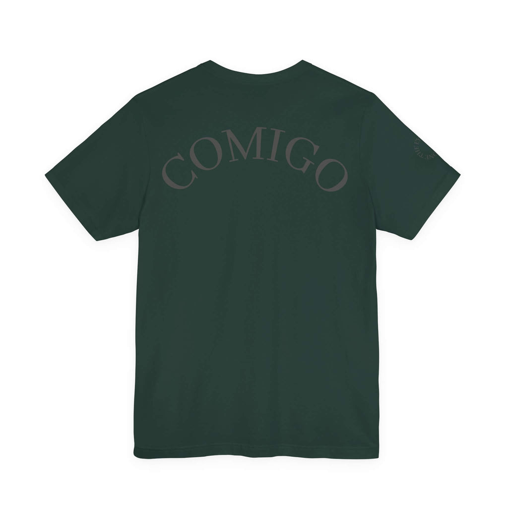 Forest COMIGO CLOTHING CO. Rboss soft t-shirt with "comigo" writing on the back.