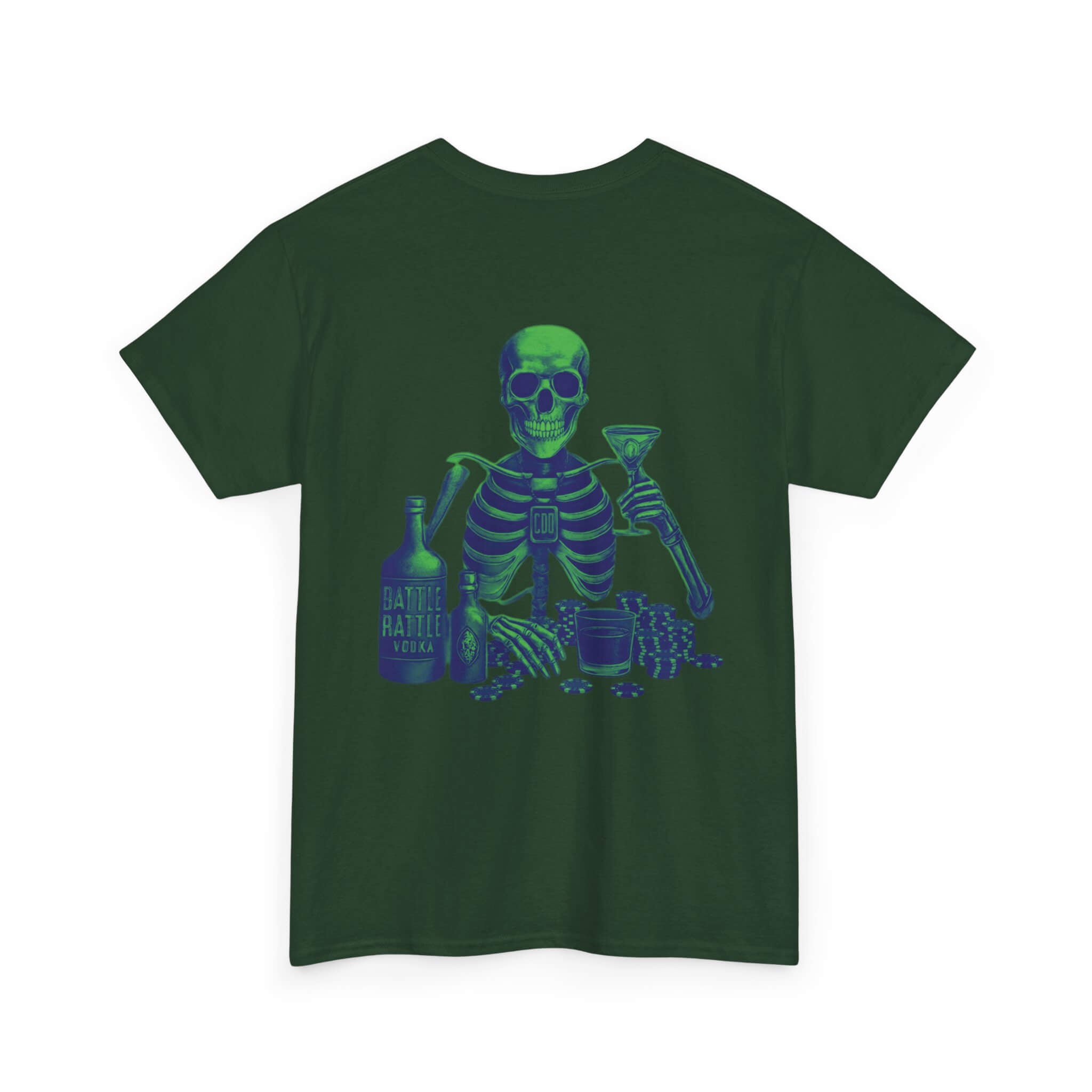 Forest Green COMIGO CLOTHING CO. Commando Battle Rattle t-shirt with a skull graphic on the back.