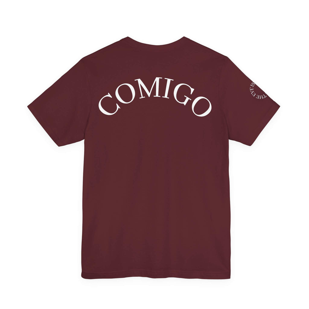 Maroon COMIGO CLOTHING CO. 1ten L1 Jogga soft t-shirt with "comigo" writing on the back.