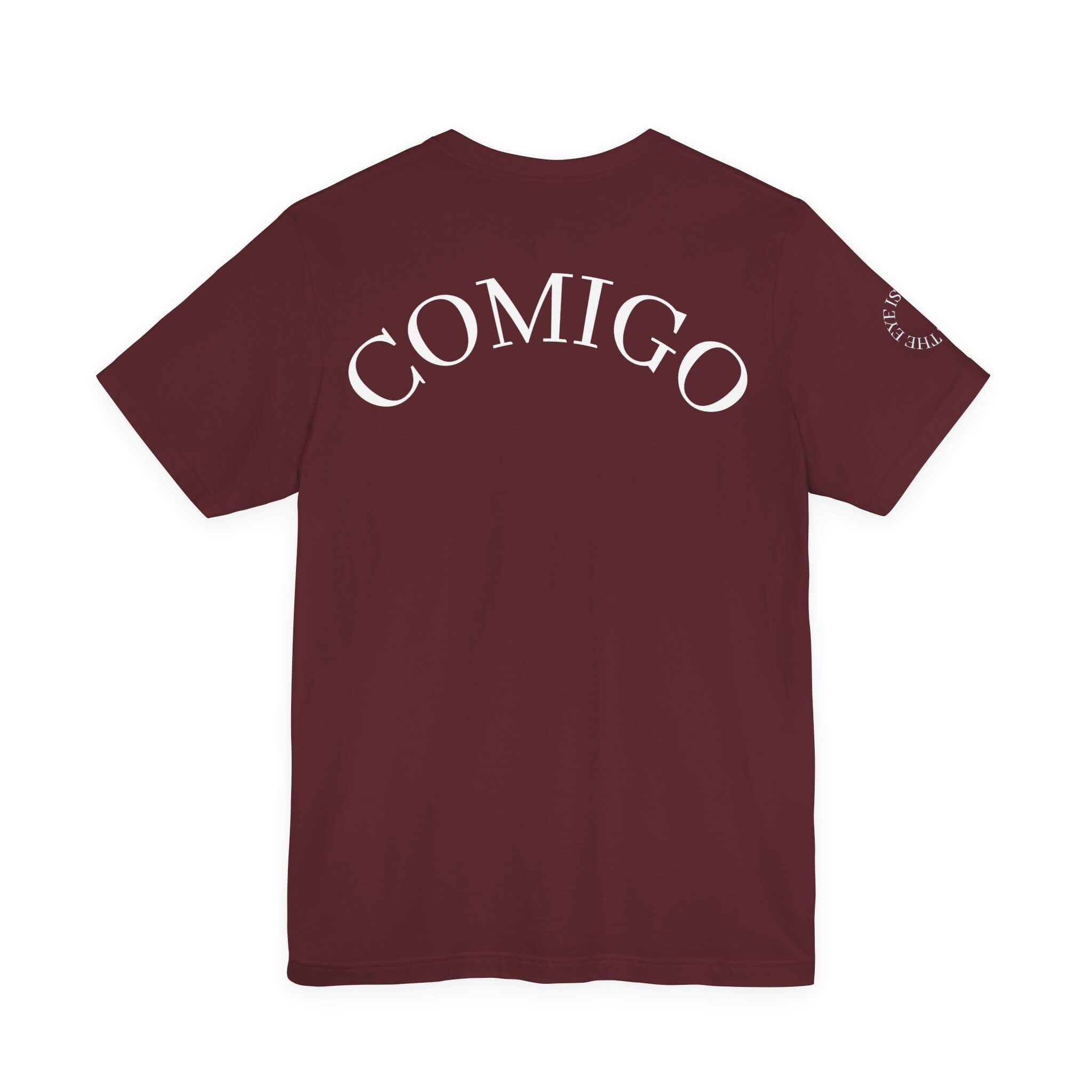 Maroon COMIGO CLOTHING CO. 1ten L1 Jogga soft t-shirt with "comigo" writing on the back.