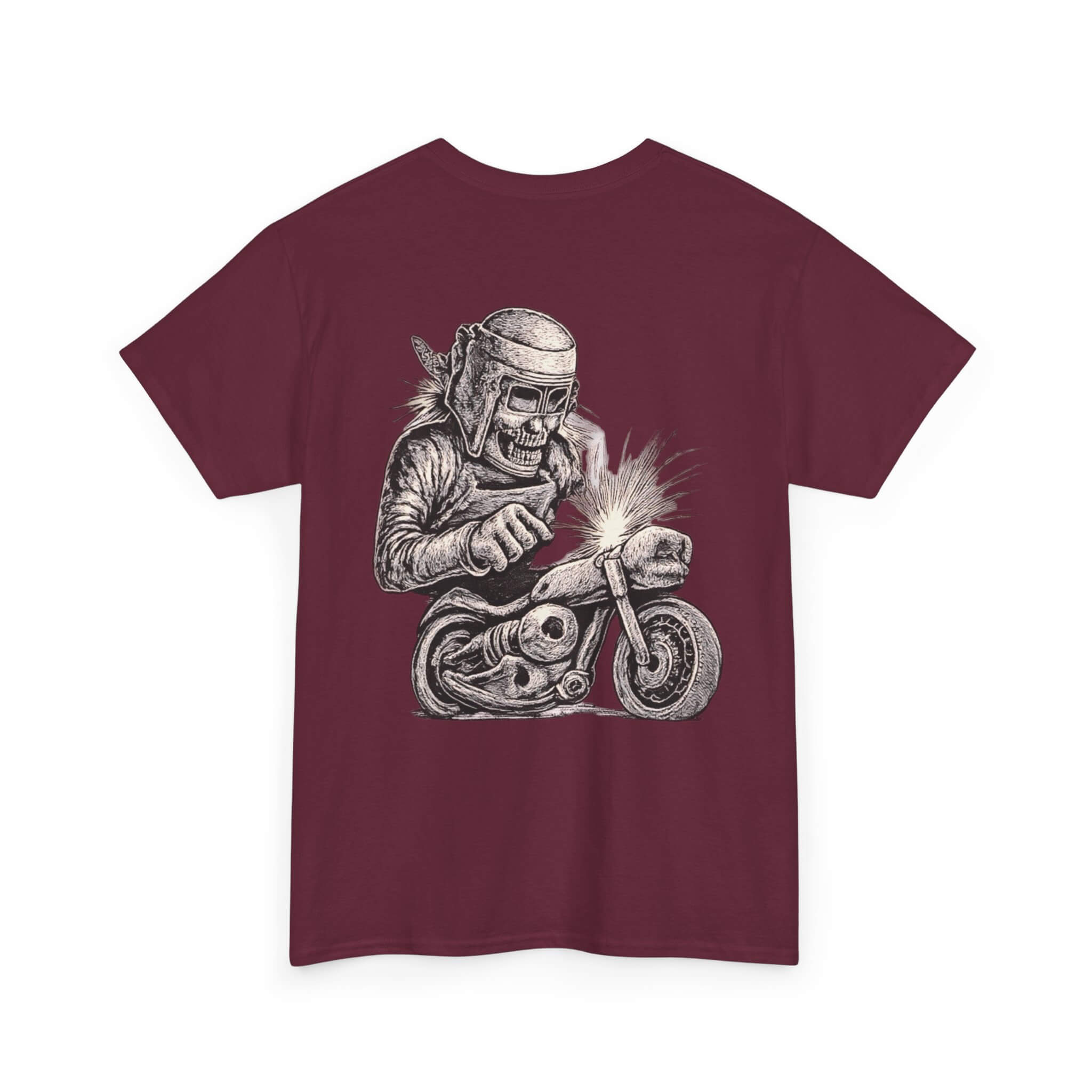 Maroon COMIGO CLOTHING CO. Bone Mechanic t-shirt with a bone mechanic skull graphic on the back.