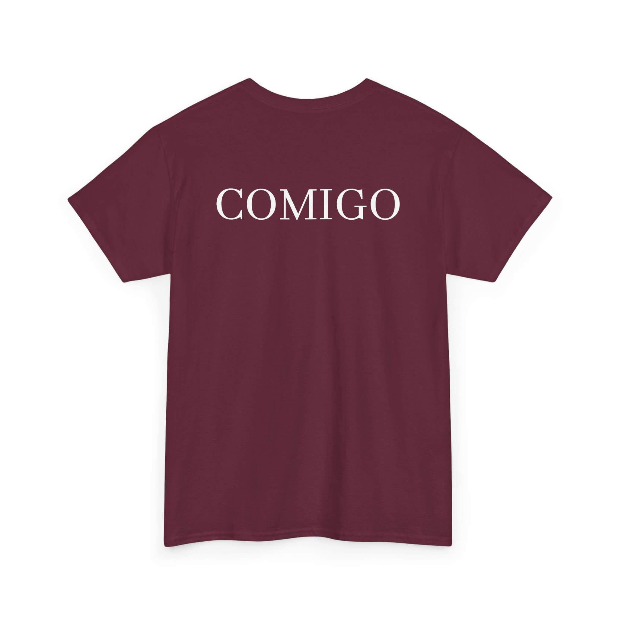 Maroon COMIGO CLOTHING CO. Original Comigo t-shirt with the original Comigo logo on the back.