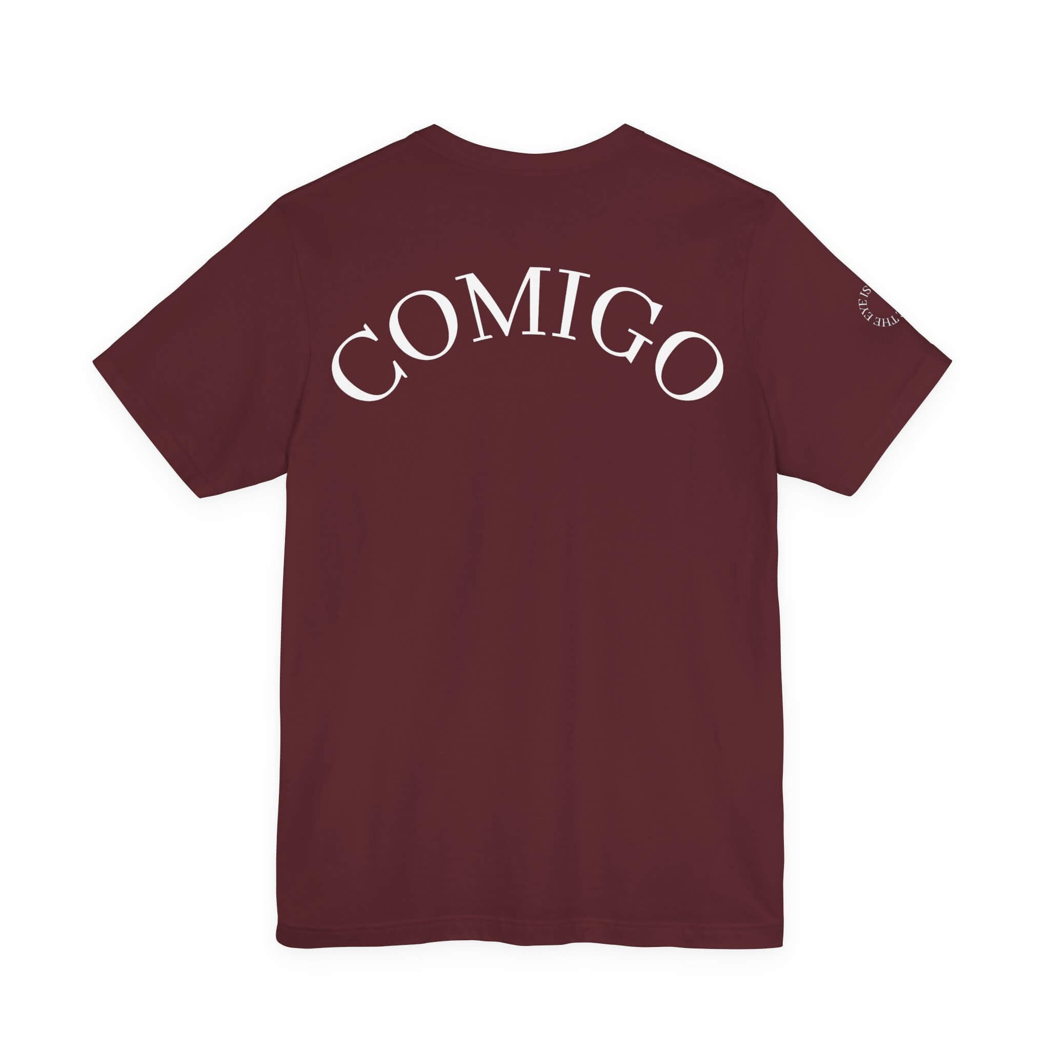Maroon COMIGO CLOTHING CO. Shelleton Plague soft t-shirt with "comigo" writing on the back.