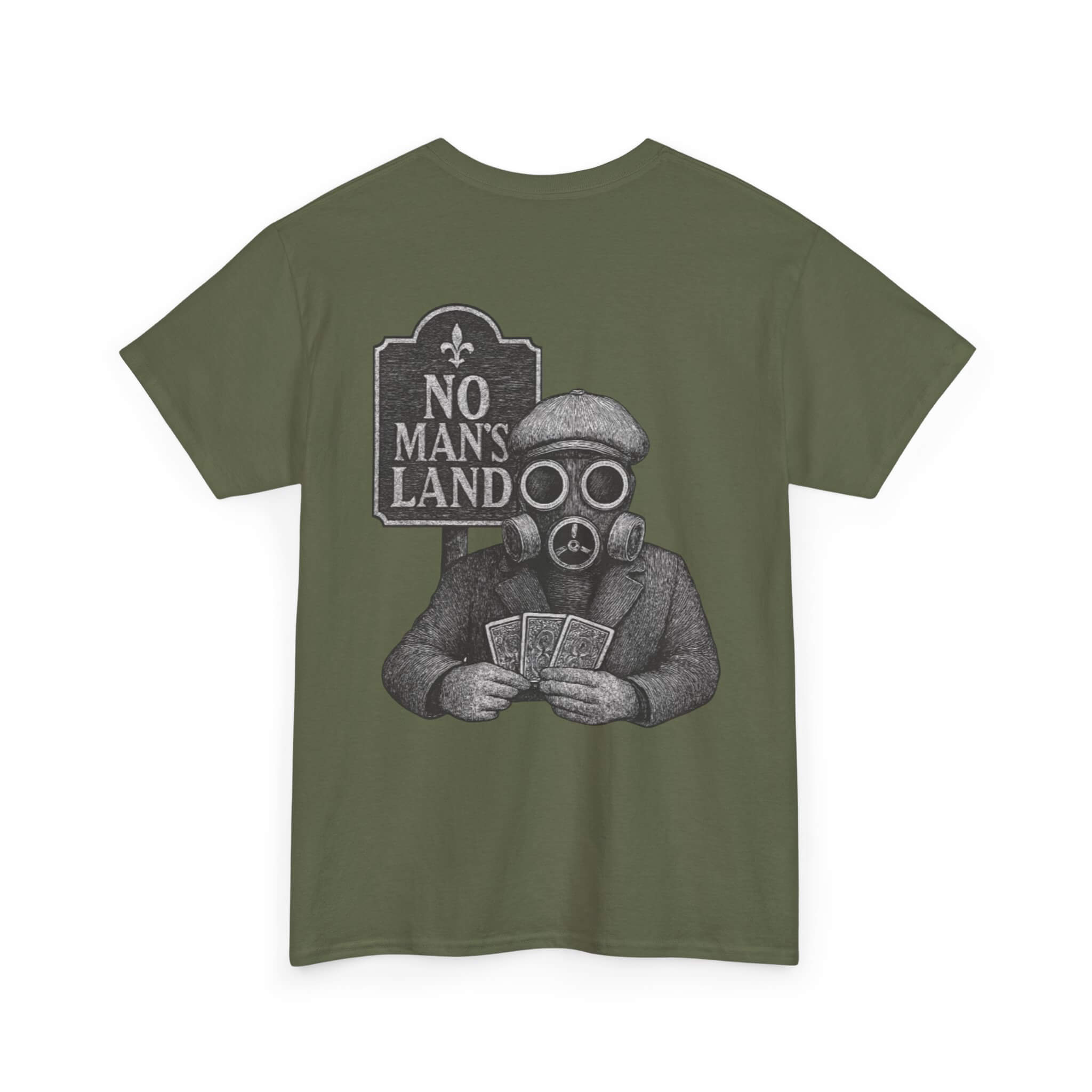 Military Green COMIGO CLOTHING CO. Alchemist of Cards t-shirt with an alchemist of cards graphic on the back.