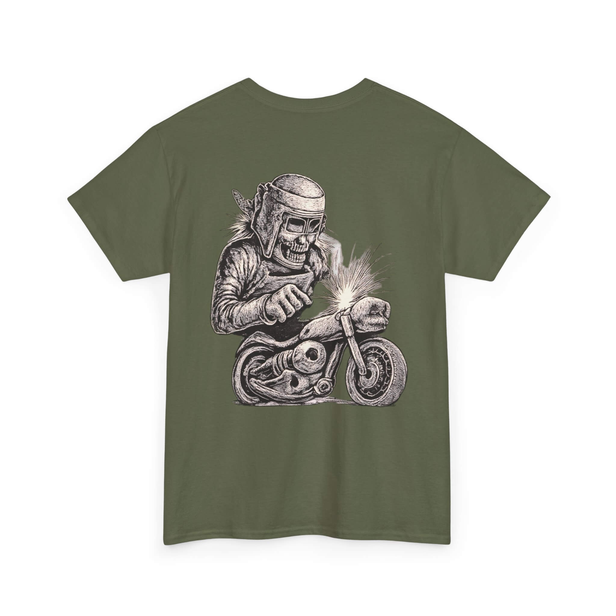 Military Green COMIGO CLOTHING CO. Bone Mechanic t-shirt with a bone mechanic skull graphic on the back.