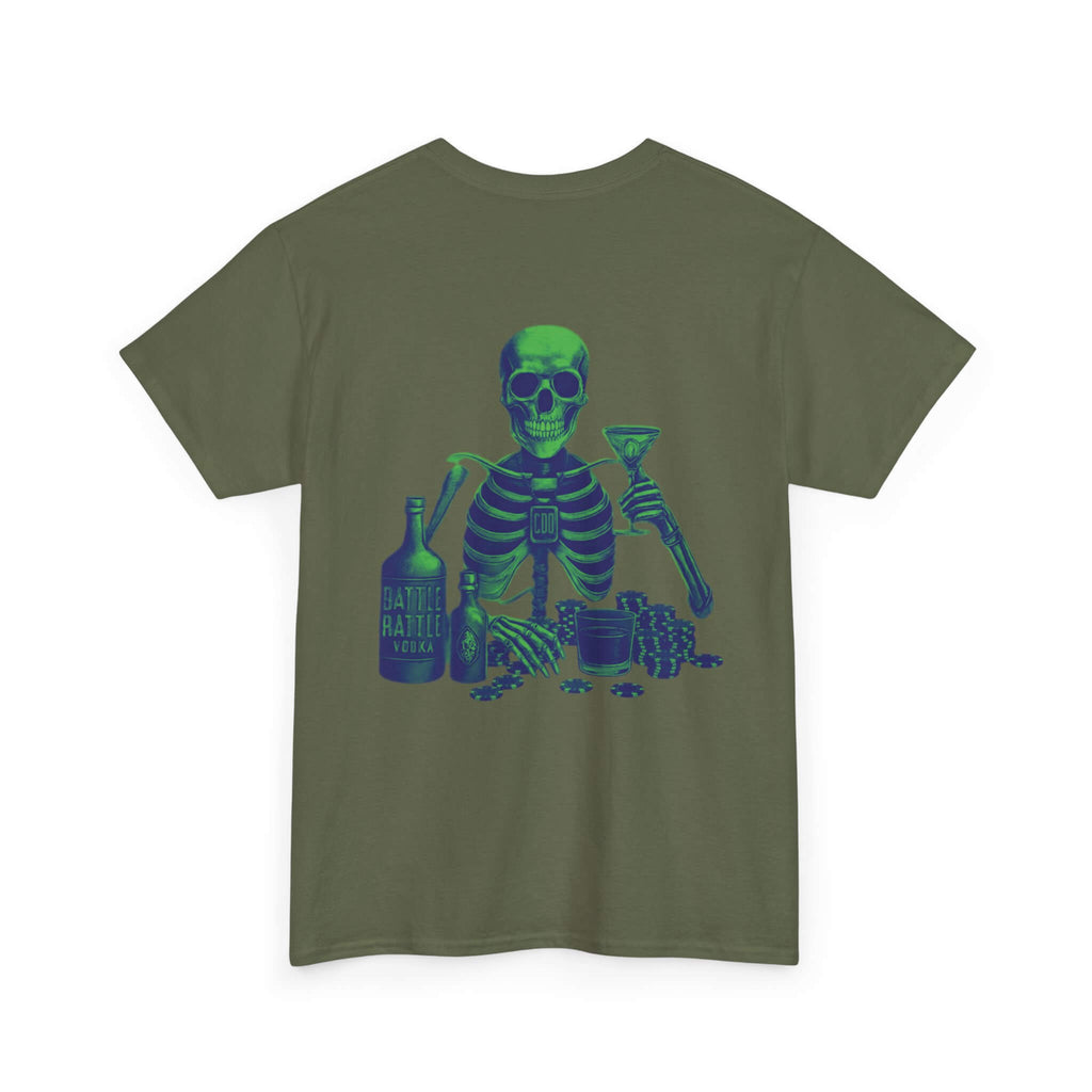 Military Green COMIGO CLOTHING CO. Commando Battle Rattle t-shirt with a skull graphic on the back.