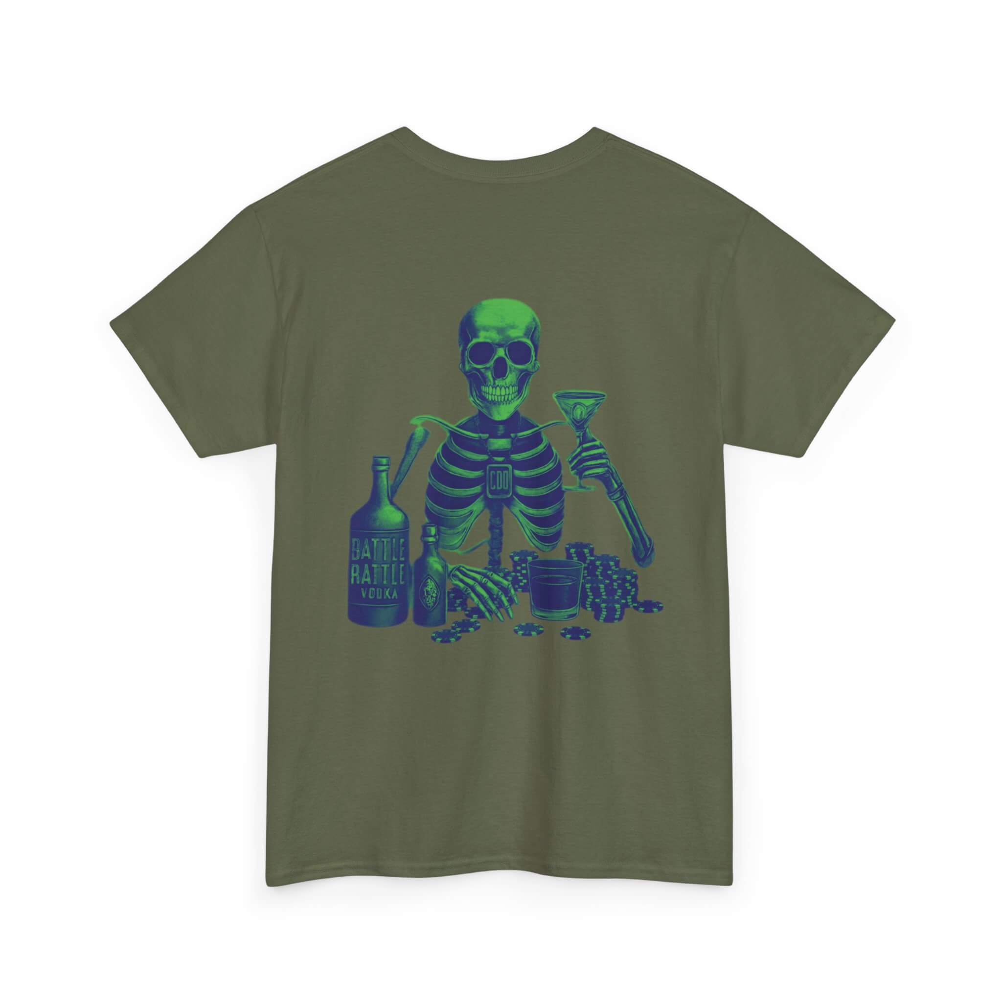 Military Green COMIGO CLOTHING CO. Commando Battle Rattle t-shirt with a skull graphic on the back.