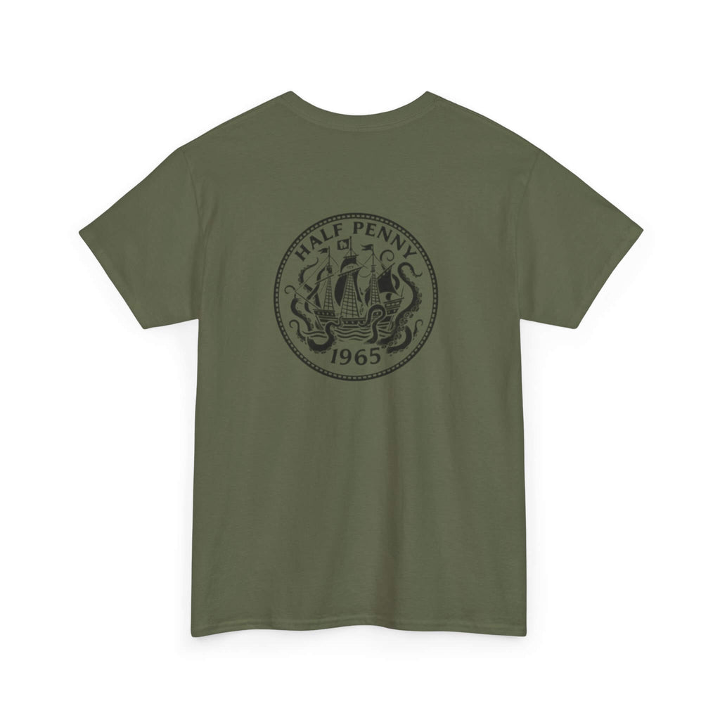 Military Green COMIGO CLOTHING CO. Krakens Ransom t-shirt with a ship and tentacles graphic on the back






