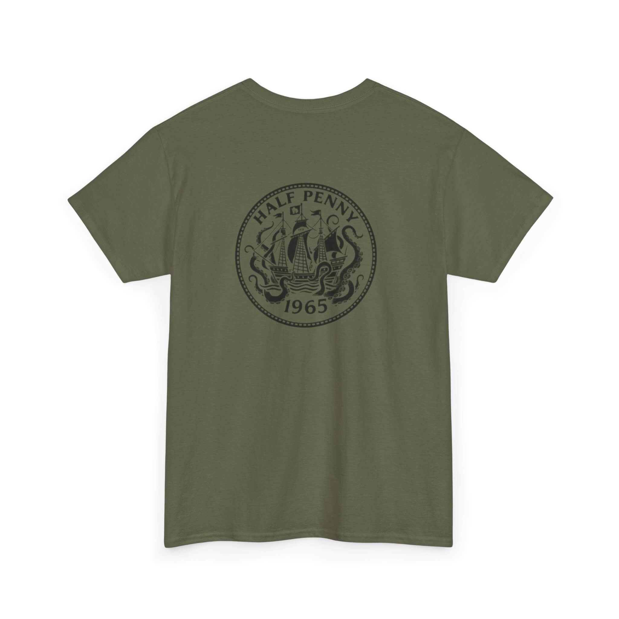 Military Green COMIGO CLOTHING CO. Krakens Ransom t-shirt with a ship and tentacles graphic on the back






