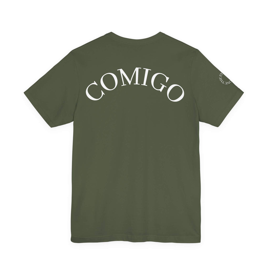 Military Green COMIGO CLOTHING CO. Rboss soft t-shirt with "comigo" writing on the back.
