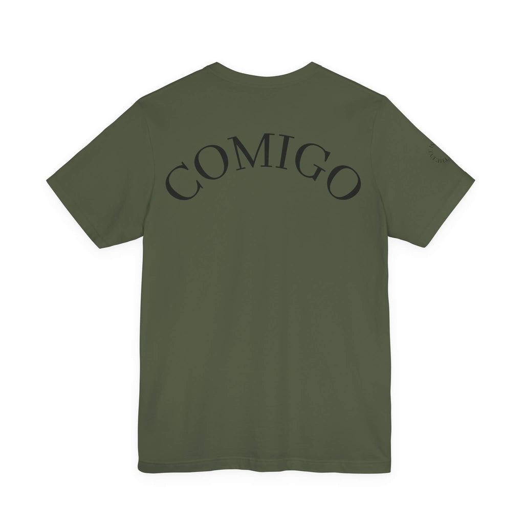 Military Green COMIGO CLOTHING CO. Shelleton Plague soft t-shirt with "comigo" writing on the back.