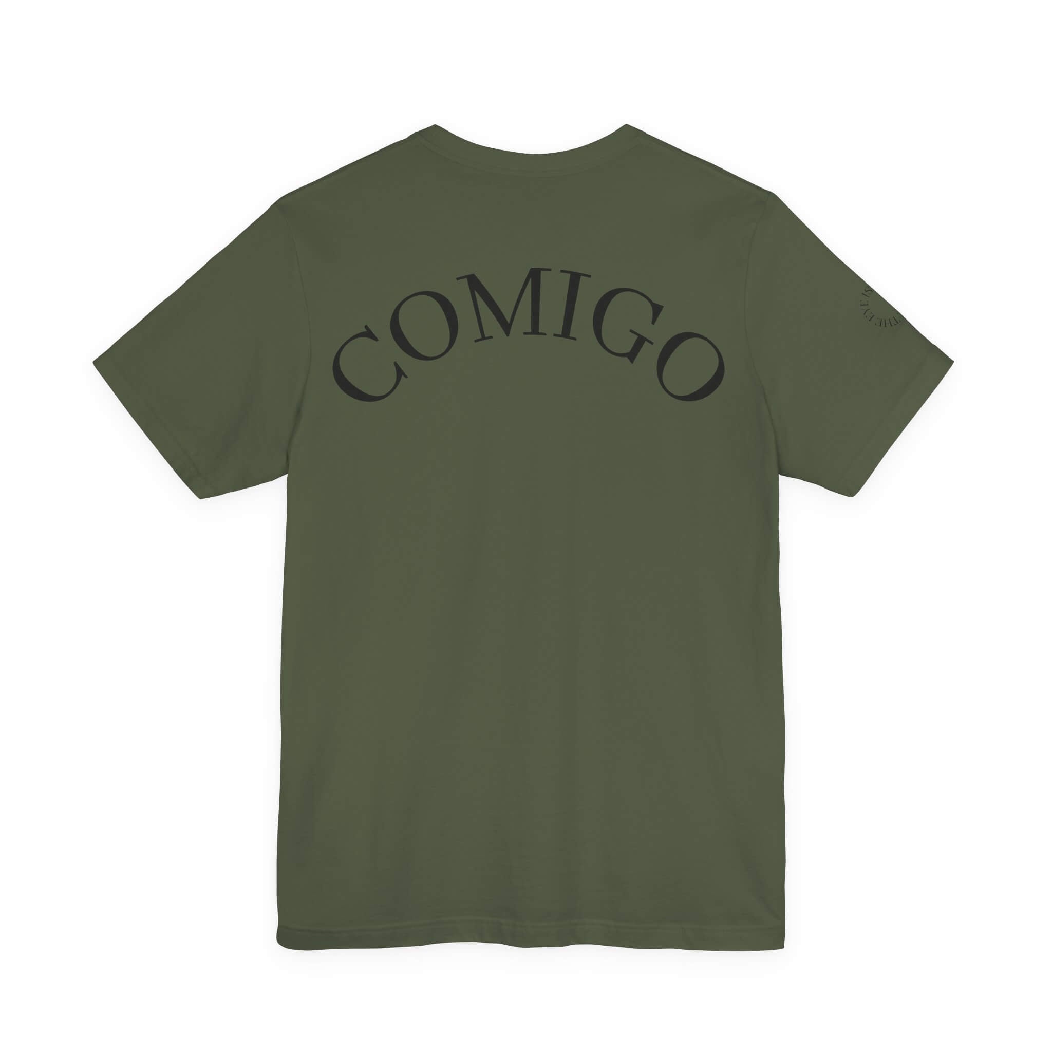 Military Green COMIGO CLOTHING CO. Shelleton Plague soft t-shirt with "comigo" writing on the back.