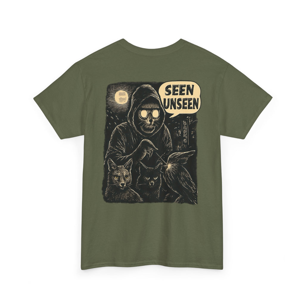 Military Green COMIGO CLOTHING CO. Spirit Watcher t-shirt with a spirit watcher graphic on the back.