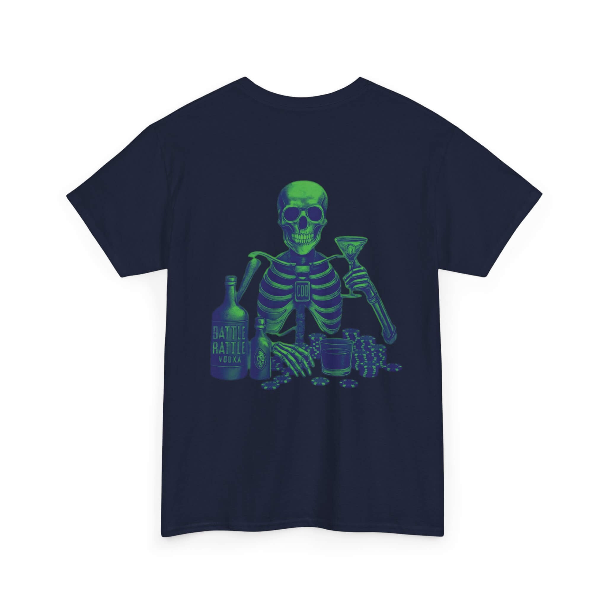 Navy COMIGO CLOTHING CO. Commando Battle Rattle t-shirt with a skull graphic on the back.