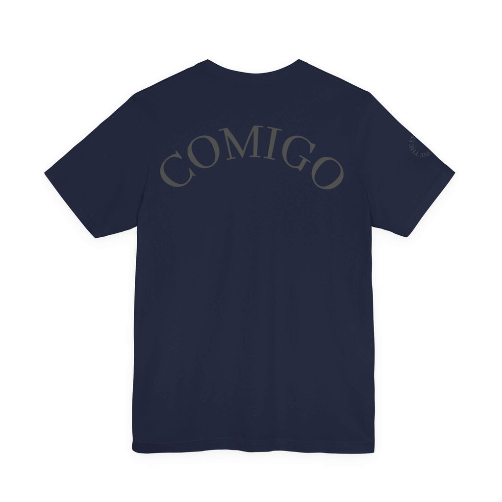 Navy COMIGO CLOTHING CO. Rboss soft t-shirt with "comigo" writing on the back.