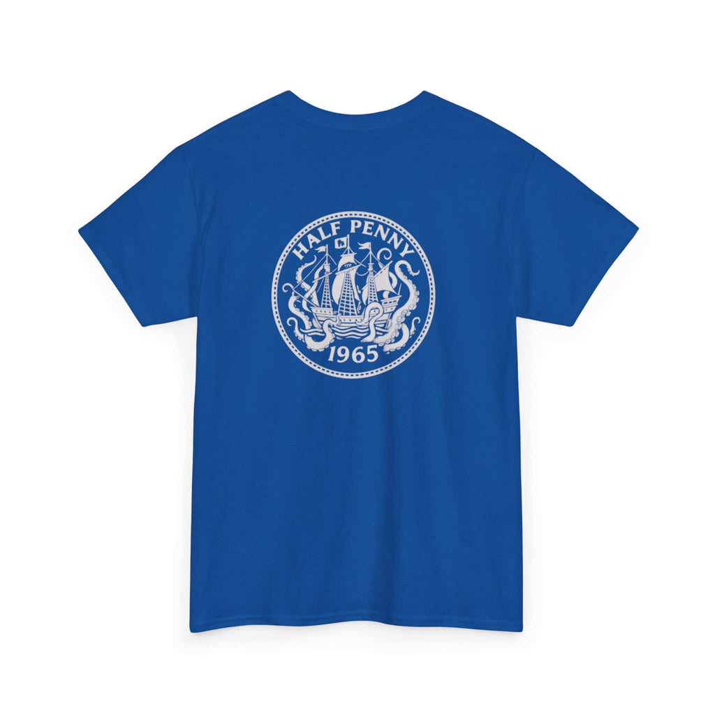 Royal blue COMIGO CLOTHING CO. Krakens Ransom t-shirt with a ship and tentacles graphic on the back







