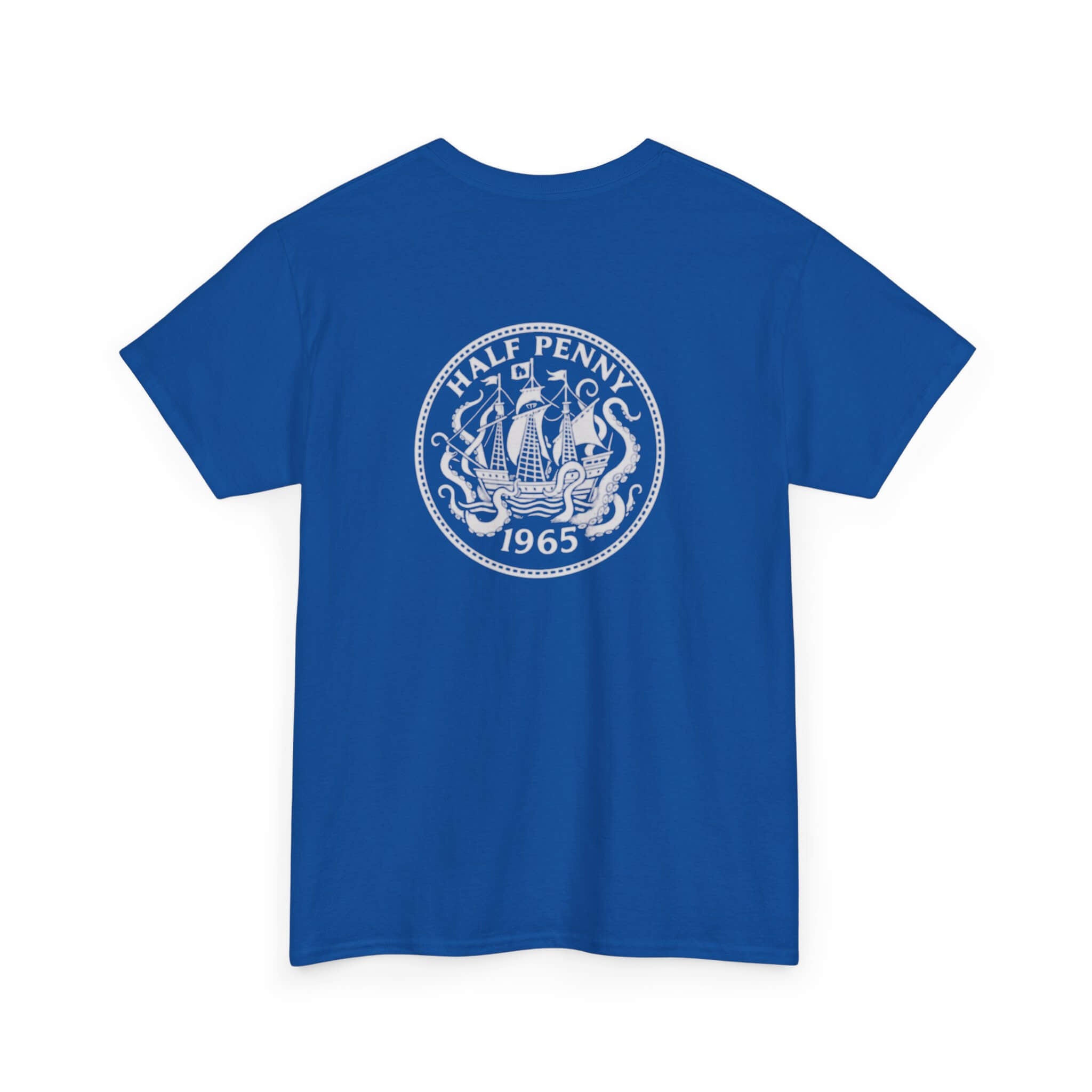 Royal blue COMIGO CLOTHING CO. Krakens Ransom t-shirt with a ship and tentacles graphic on the back







