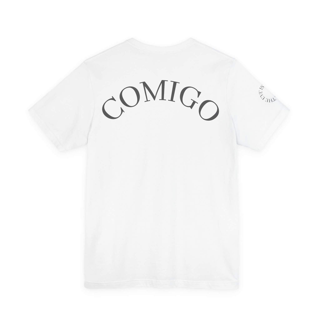 White COMIGO CLOTHING CO. 1ten L1 Jogga soft t-shirt with "comigo" writing on the back.