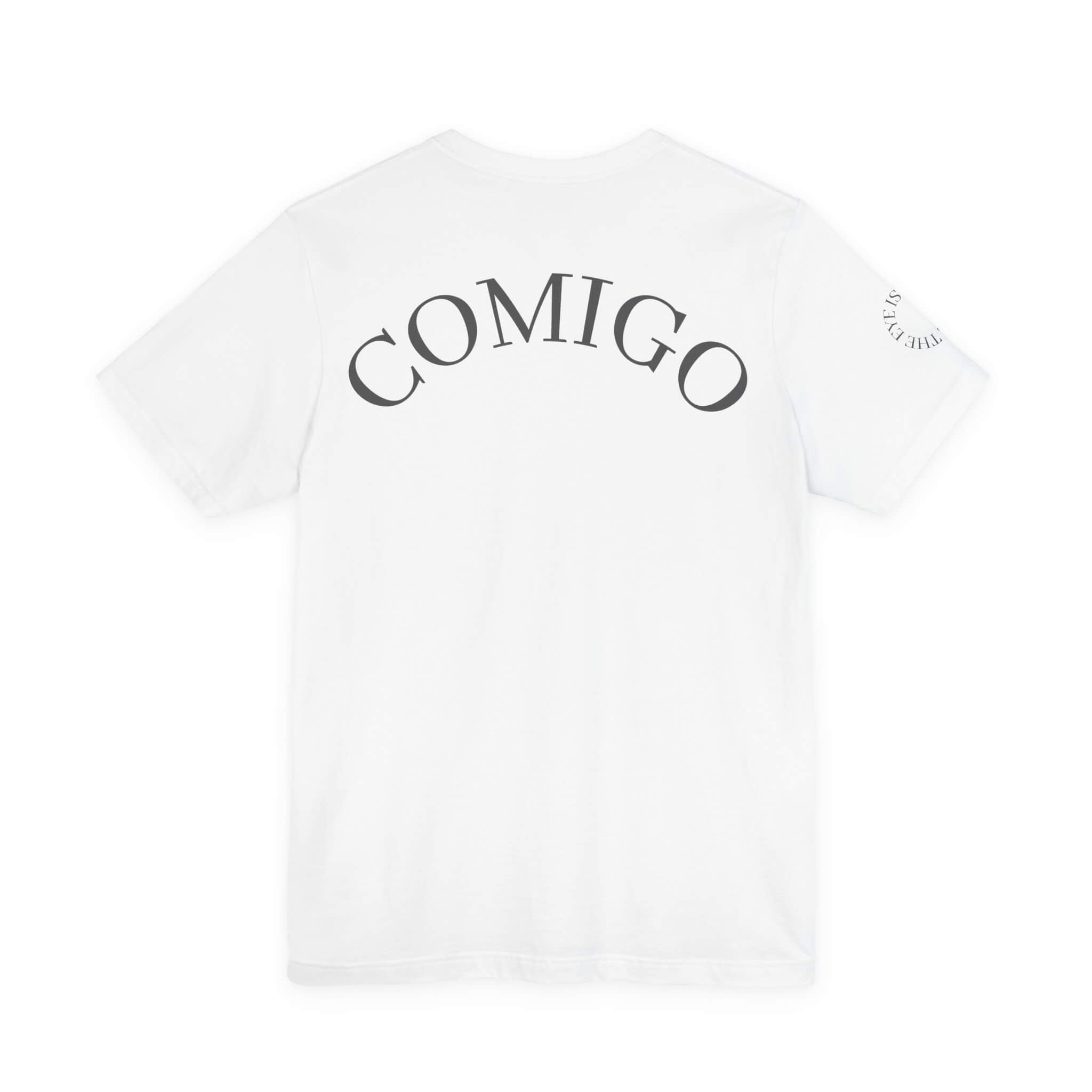 White COMIGO CLOTHING CO. 1ten L1 Jogga soft t-shirt with "comigo" writing on the back.