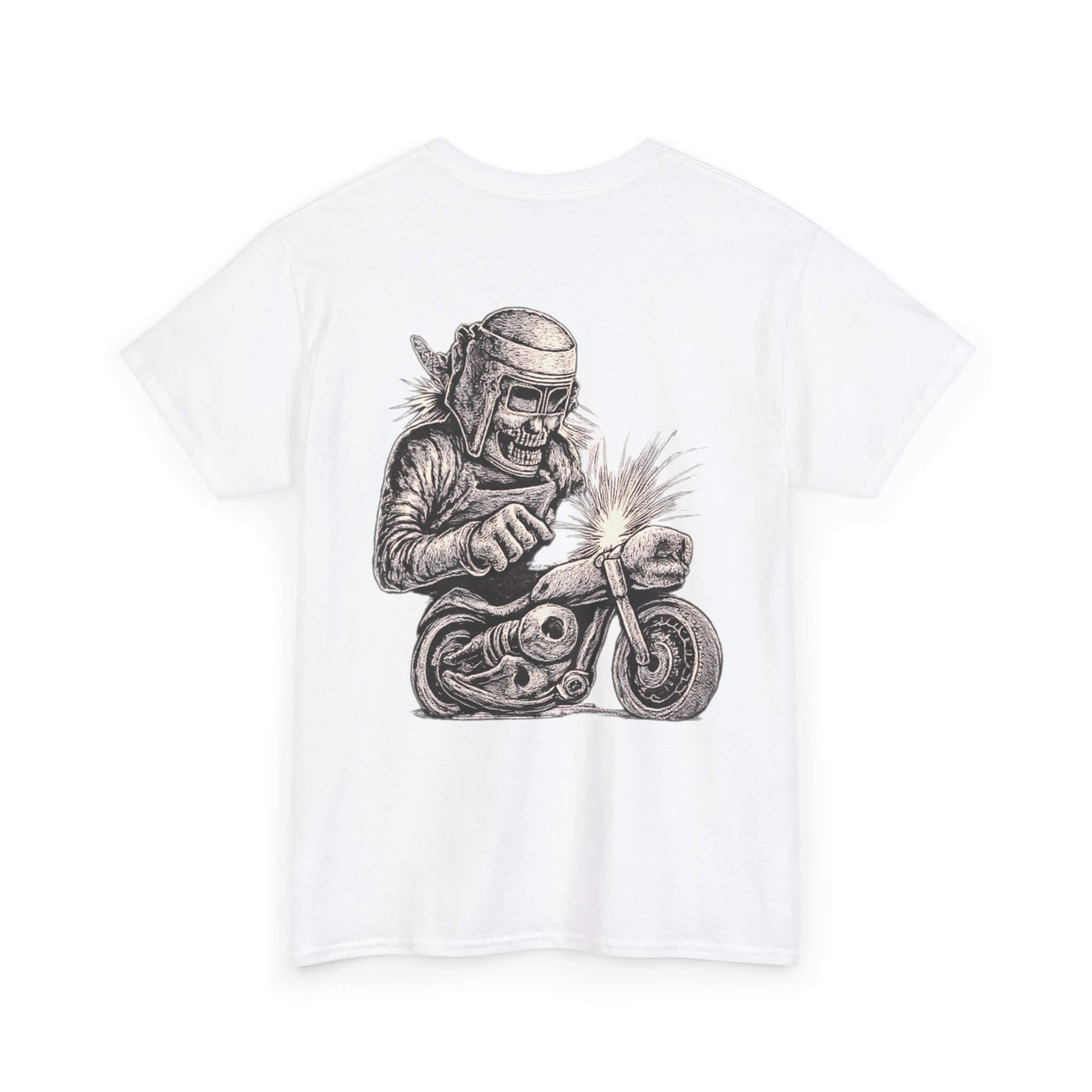 White COMIGO CLOTHING CO. Bone Mechanic t-shirt with a bone mechanic skull graphic on the back.