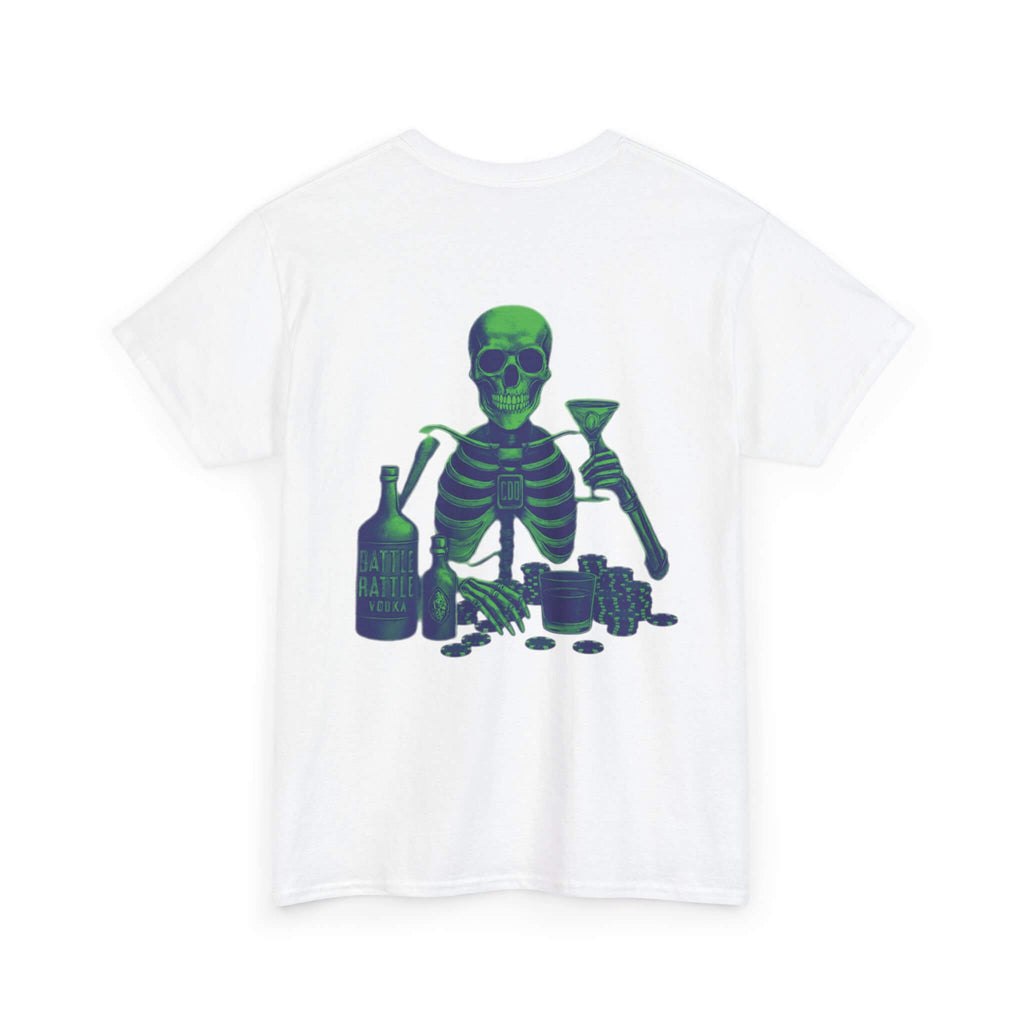 White COMIGO CLOTHING CO. Commando Battle Rattle t-shirt with a skull graphic on the back.