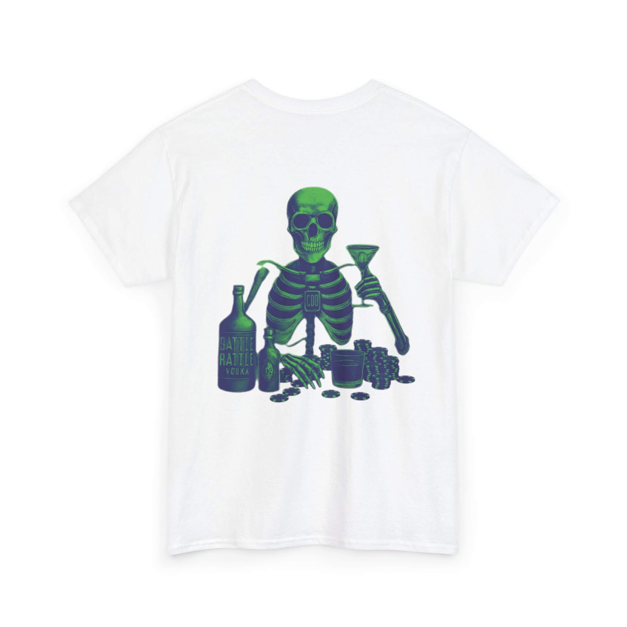 White COMIGO CLOTHING CO. Commando Battle Rattle t-shirt with a skull graphic on the back.
