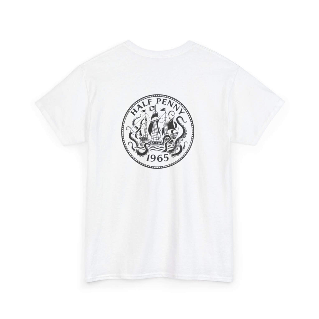 White COMIGO CLOTHING CO. Krakens Ransom t-shirt with a ship and tentacles graphic on the back






