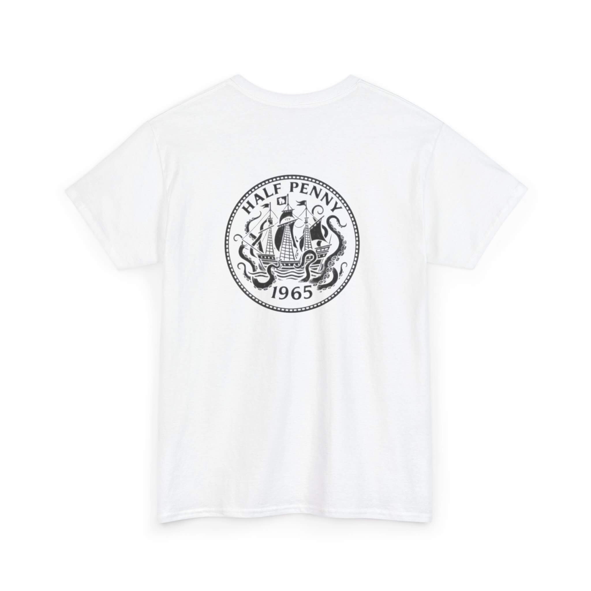 White COMIGO CLOTHING CO. Krakens Ransom t-shirt with a ship and tentacles graphic on the back






