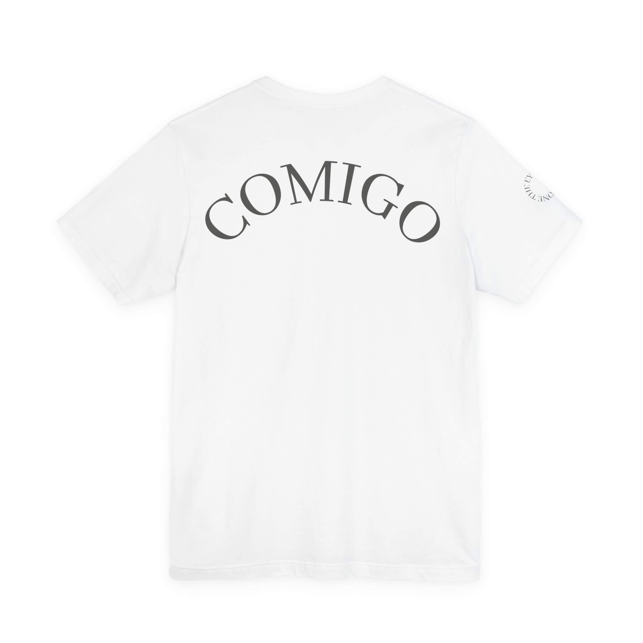 White COMIGO CLOTHING CO. Rboss soft t-shirt with "comigo" writing on the back.