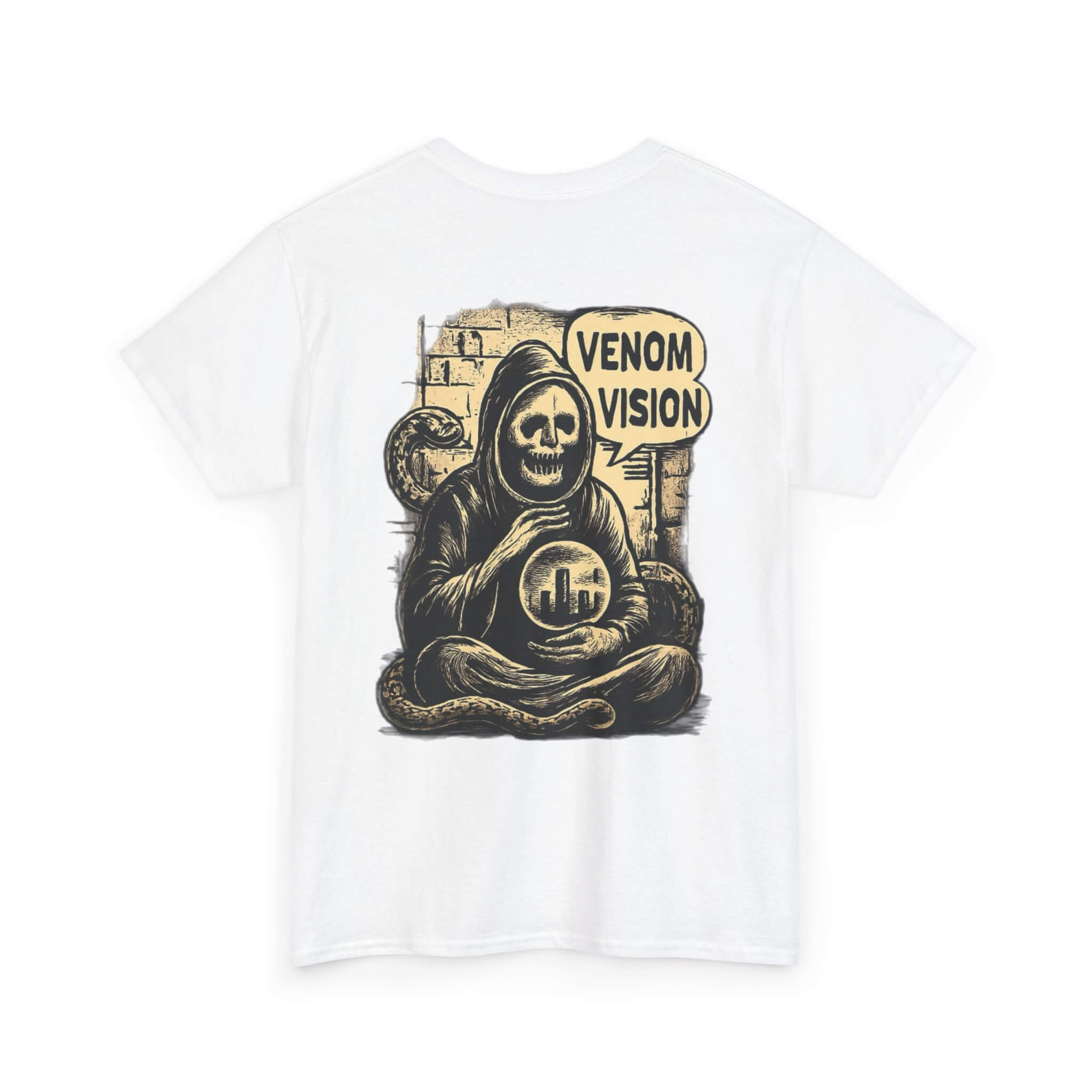 White COMIGO CLOTHING CO. Serpent Oracle t-shirt with a mystical serpent graphic on the back.