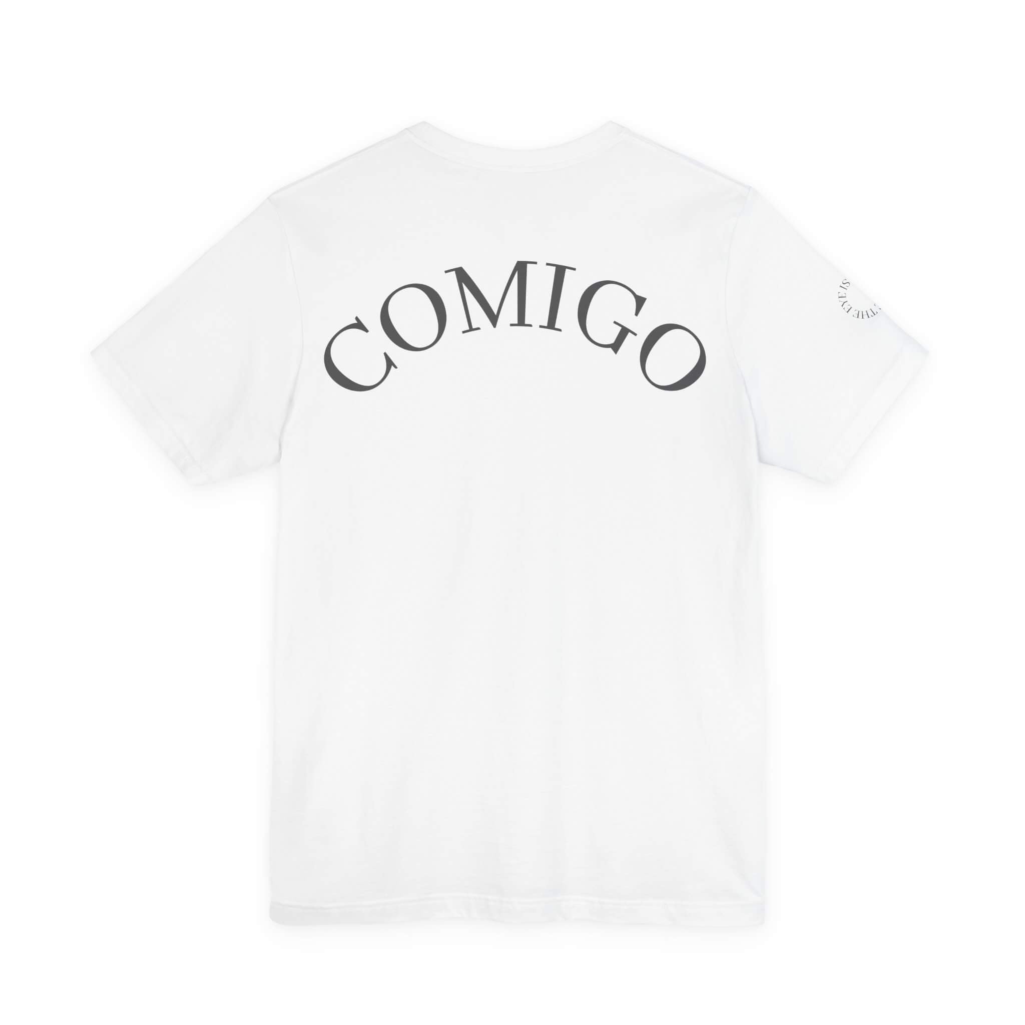 White COMIGO CLOTHING CO. Shelleton Plague soft t-shirt with "comigo" writing on the back.