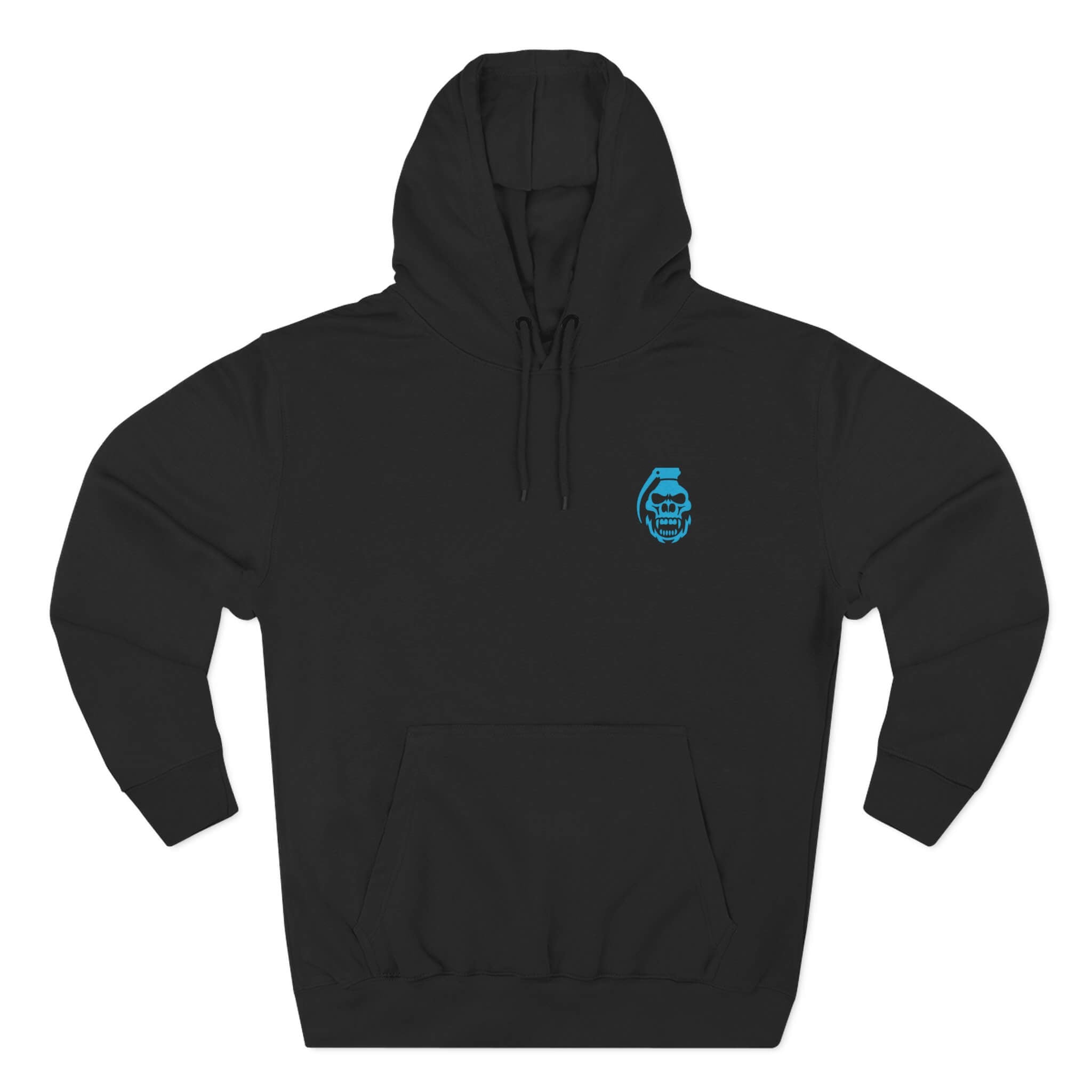 Black front: "Black COMIGO CLOTHING CO. Static Boom hoodie with a gorilla skull grenade graphic on the front."
