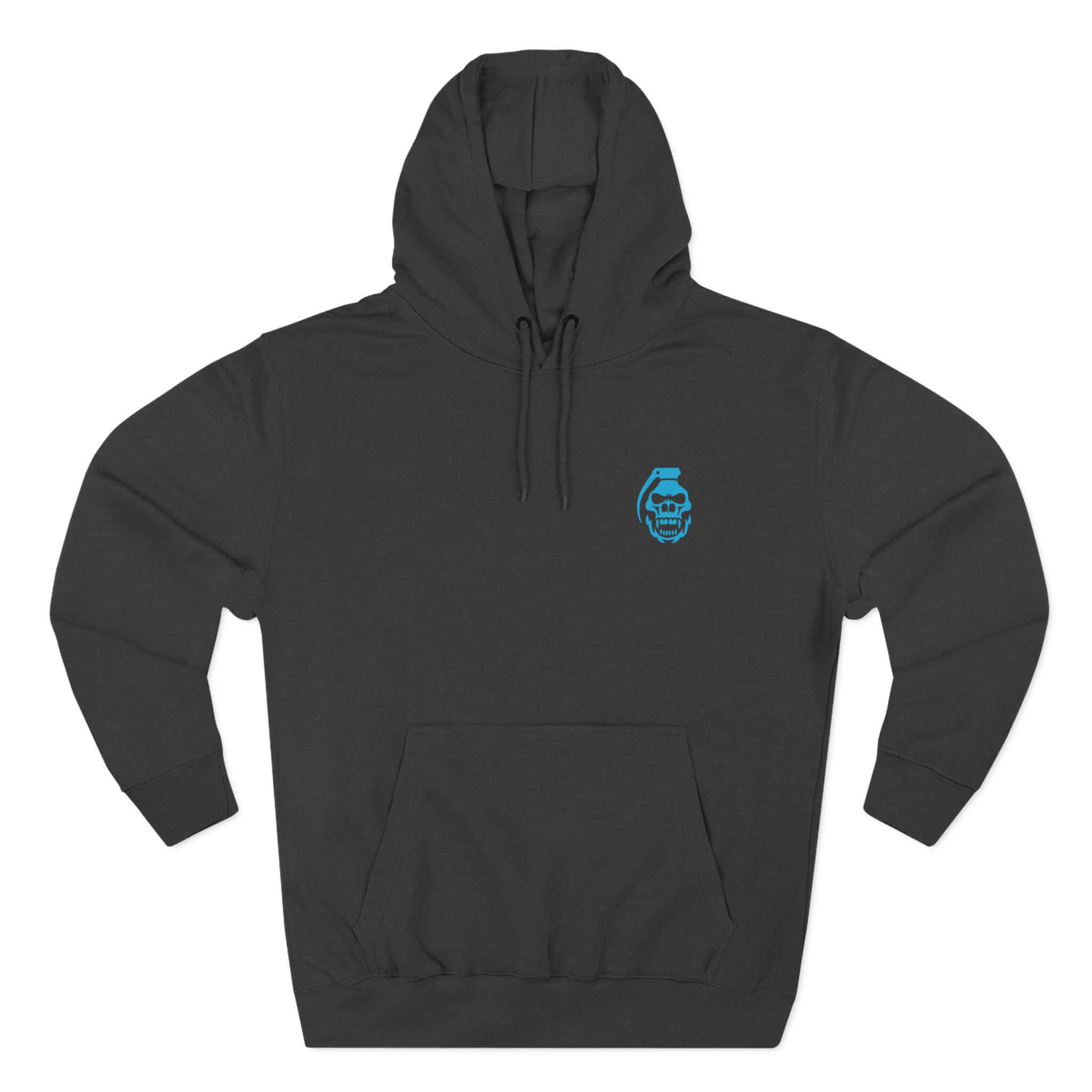 Charcoal Heather front: "Charcoal Heather COMIGO CLOTHING CO. Static Boom hoodie with a gorilla skull grenade graphic on the front."
