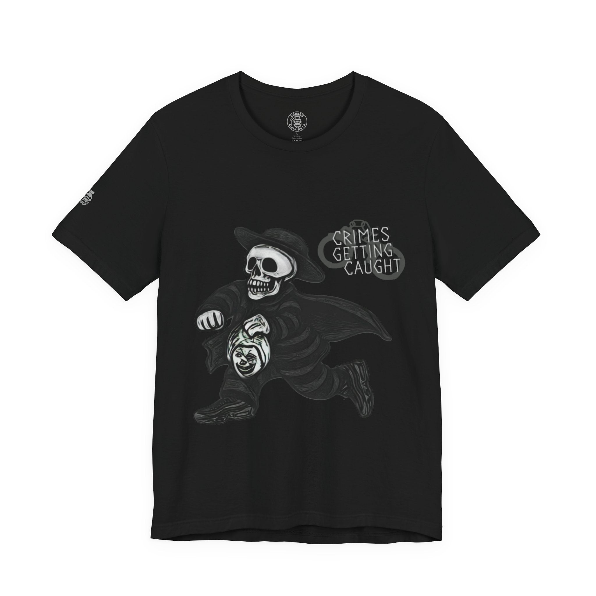 Black t-shirt with a graphic design of a skeleton and text on a white background 1ten l1 | COMIGO CLOTHING CO.