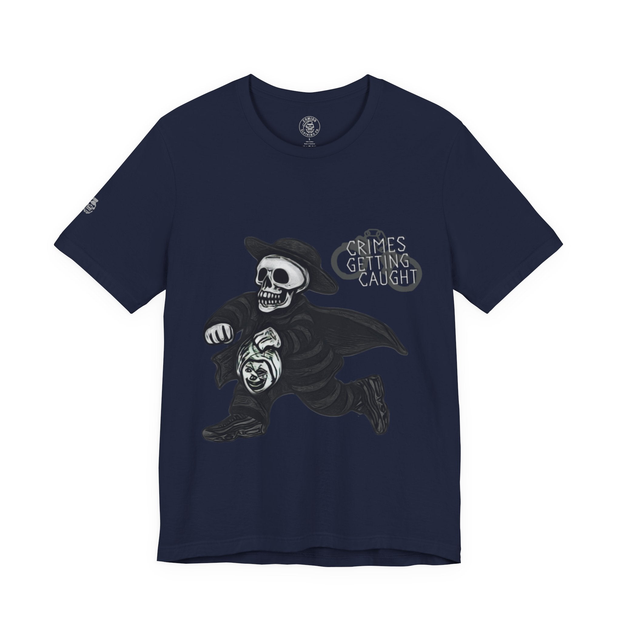 Navy blue t-shirt with a skeleton graphic and text on a white background 1ten l1 | COMIGO CLOTHING CO.