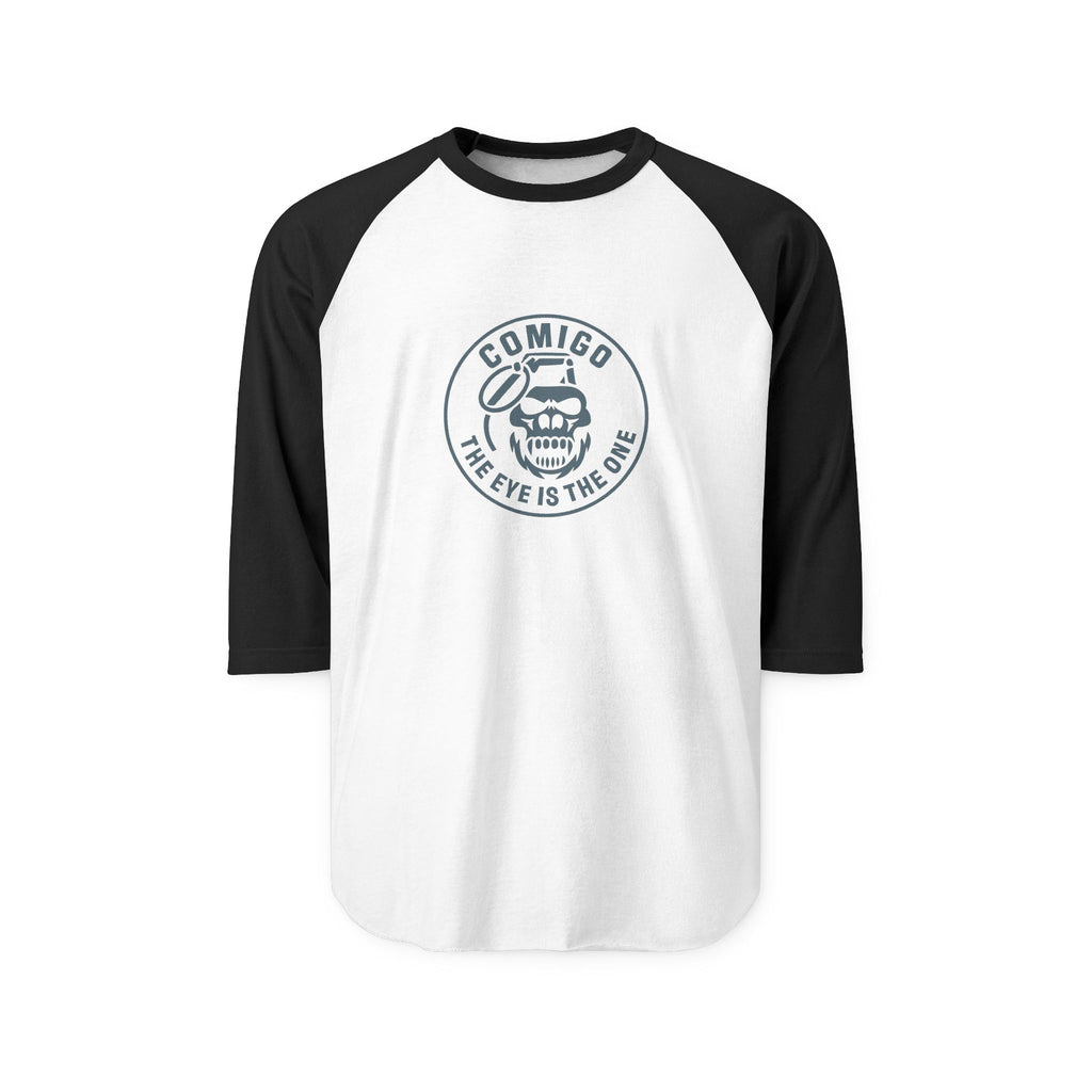 Black and white baseball shirt with a logo on a white background 3q sleeve | COMIGO CLOTHING CO.